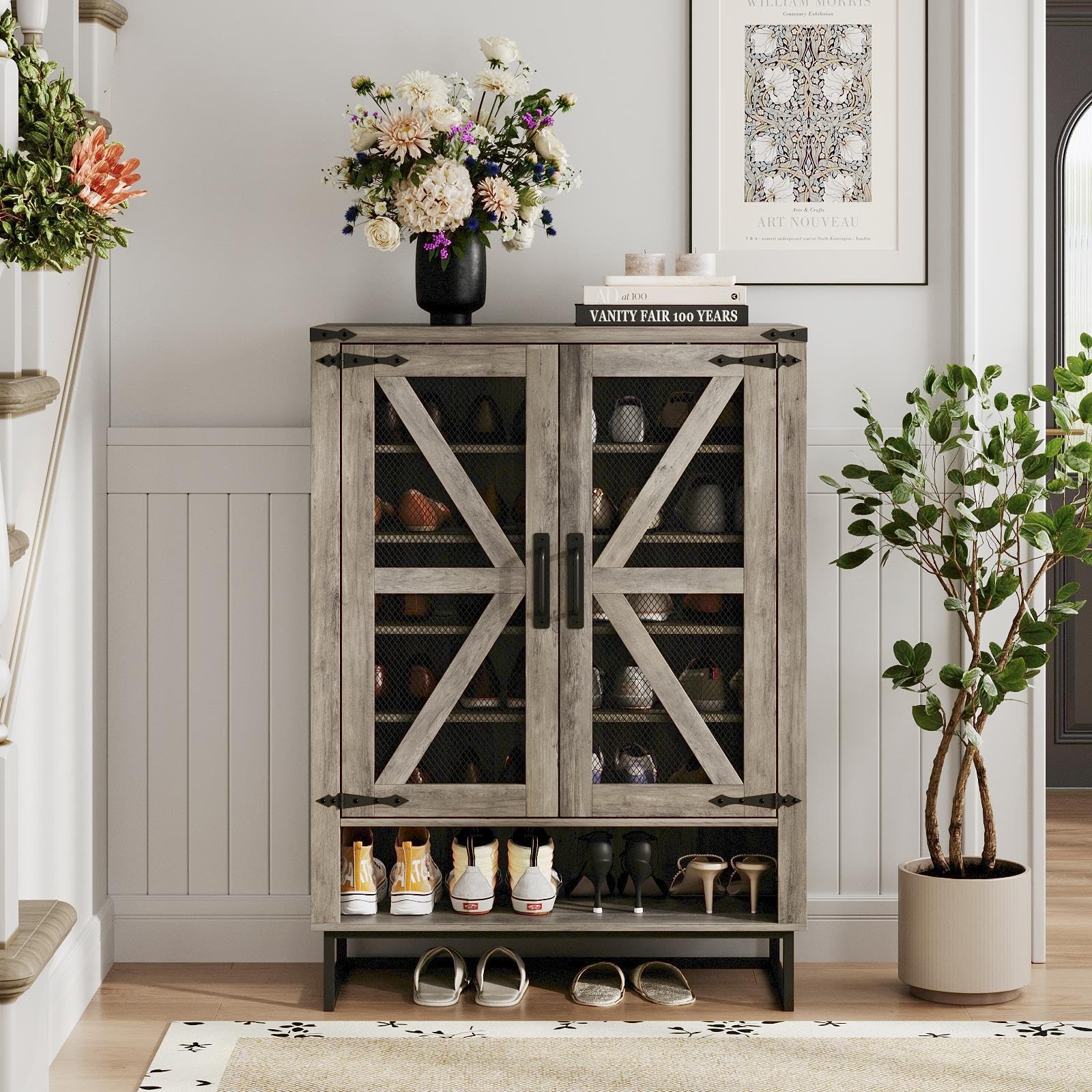 Maupvit 6-Tier Farmhouse Shoe Cabinet with Doors - Adjustable Shelves & Sturdy Metal Legs, Rustic Entryway Hallway Storage Organizer for Shoes, Boots & Accessories | Perfect for Living Room, Closet & Mudroom Organization