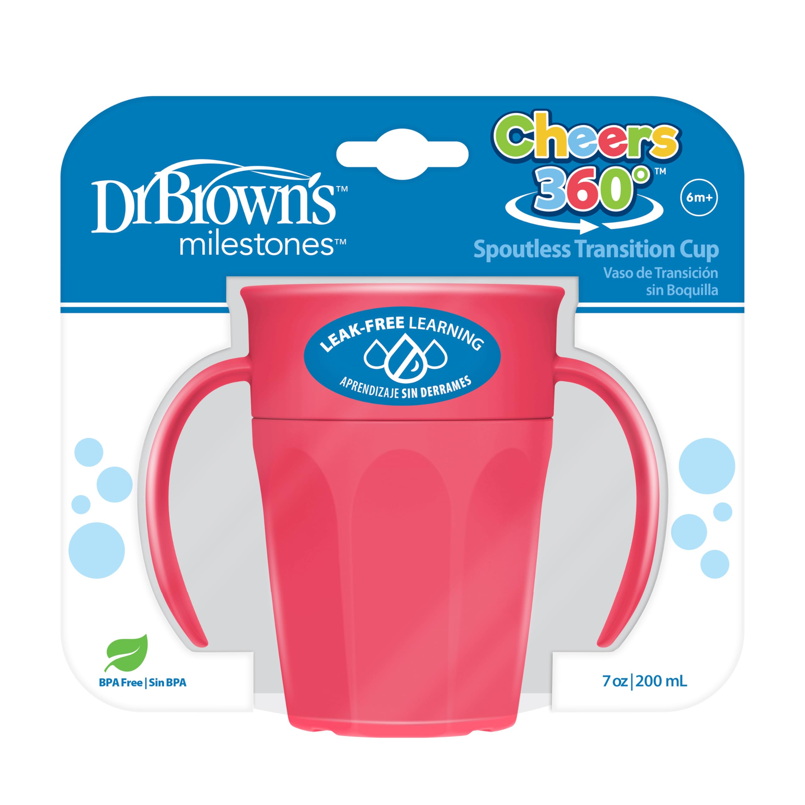 Dr. Brown's Milestones Cheers 360 Spoutless Sippy Cup with Handles - 7oz/200ml Leak-Proof Transition Cup for Babies 6+ Months - BPA-Free, Easy Grip Design (Pink) - Perfect for On-the-Go Feeding & Learning Independent Drinking Skills