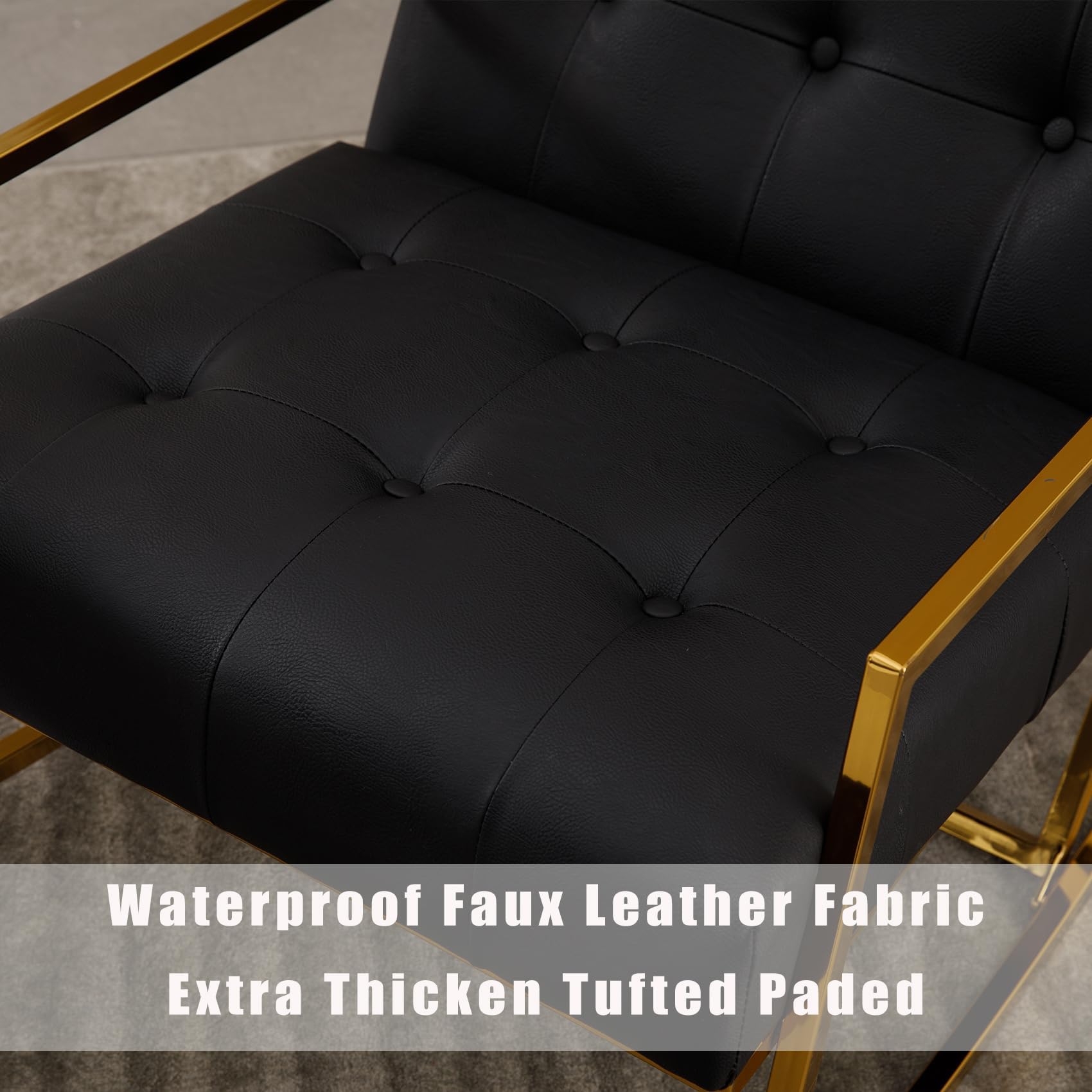 2 Pack PU Leather Rocking Recliner Chairs with Gold Metal Base - Modern Glider Rocker for Nursery, Living Room & Bedroom - Wide Comfy Reading Accent Chair for Indoor Use (Black)