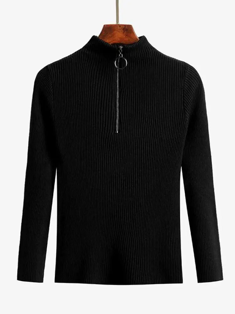 Vintage Solid Knitted Long Sleeve Zip-Up Half Turtleneck Sweater for Women - Cozy Winter Pullover for Casual Outfits & Office Wear