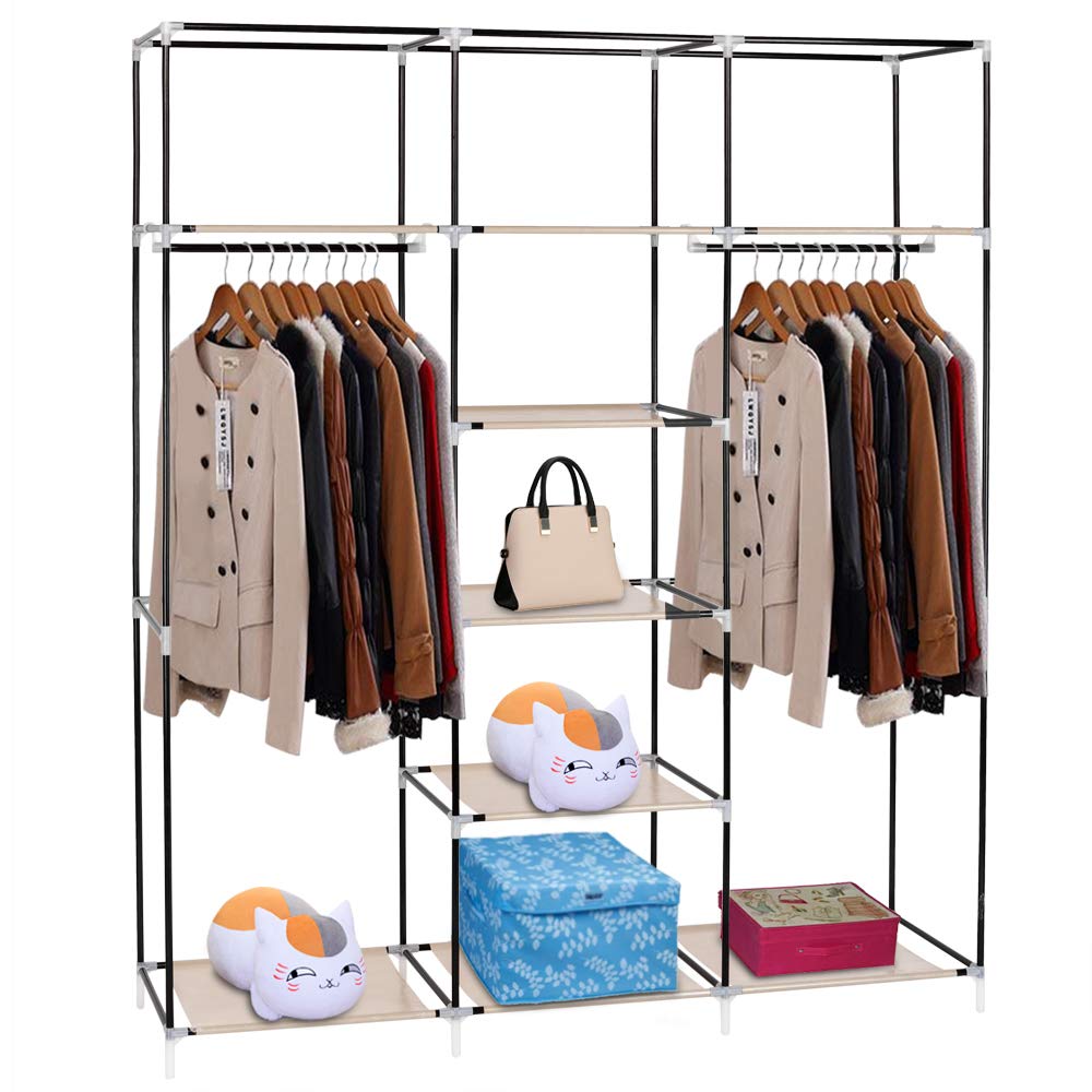 Portable Non-Woven Fabric Wardrobe Closet Organizer with Shelves & Hanging Rod - Easy Assembly 150x45x175cm - Space Saving Closet Storage Solution for Bedroom, Dorm, Apartment
