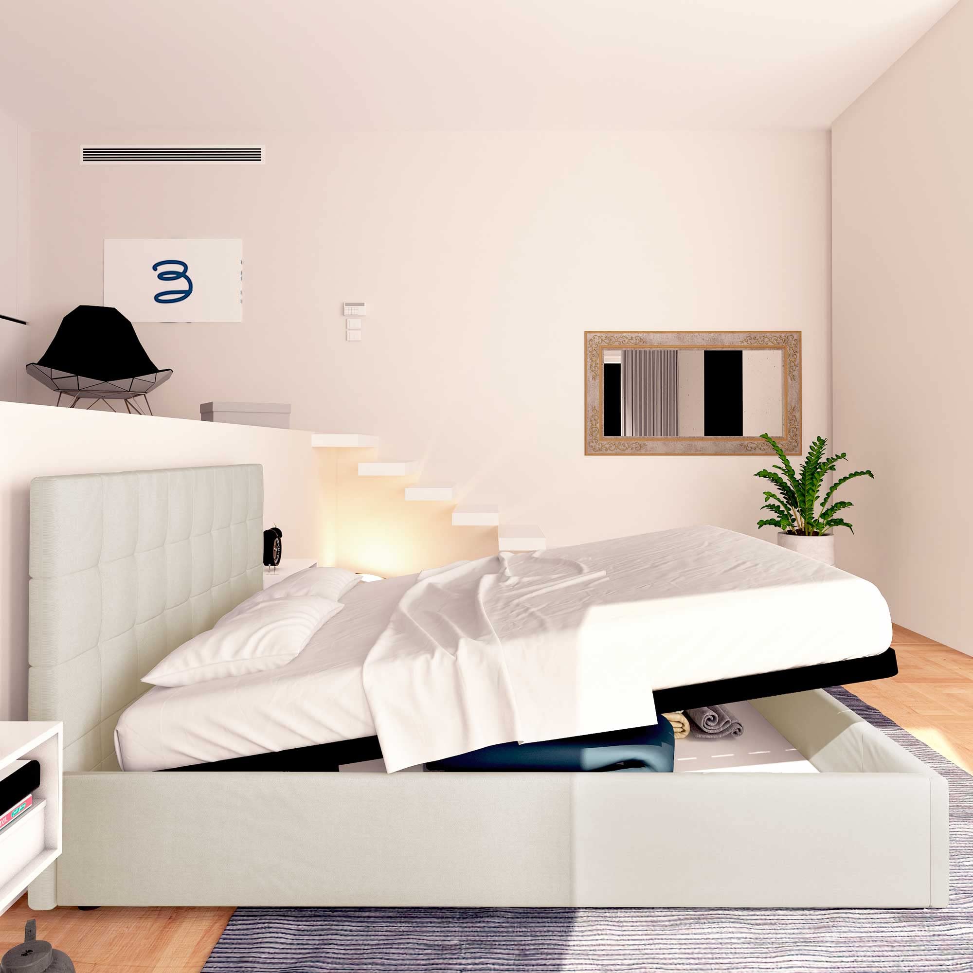 Baldiflex Single Bed with Storage - Dublin Model Synthetic Leather Upholstery, Slatted Base for Single Mattress, 180 x 200 cm, Elegant Headboard, Light Beige - Perfect for Small Bedrooms, Guest Rooms & Studio Apartments