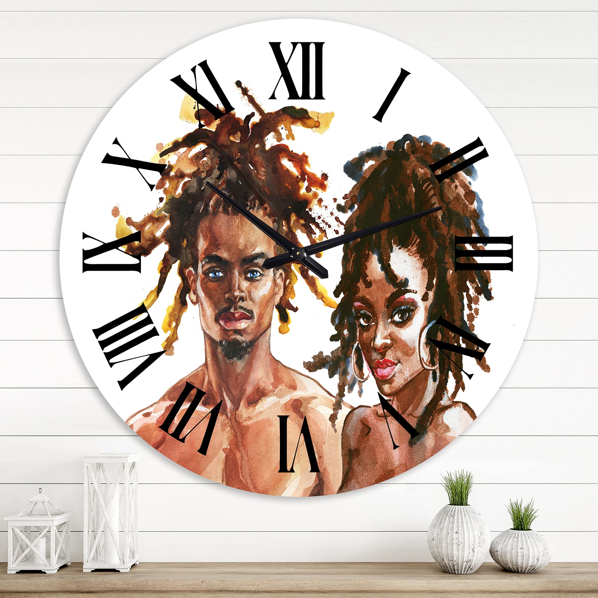 DesignQ Modern Wall Clock 'Portrait of African American Couple' - Large Decorative Wall Clock for Living Room, Bedroom & Office - Unique Home Decor & Gift Idea