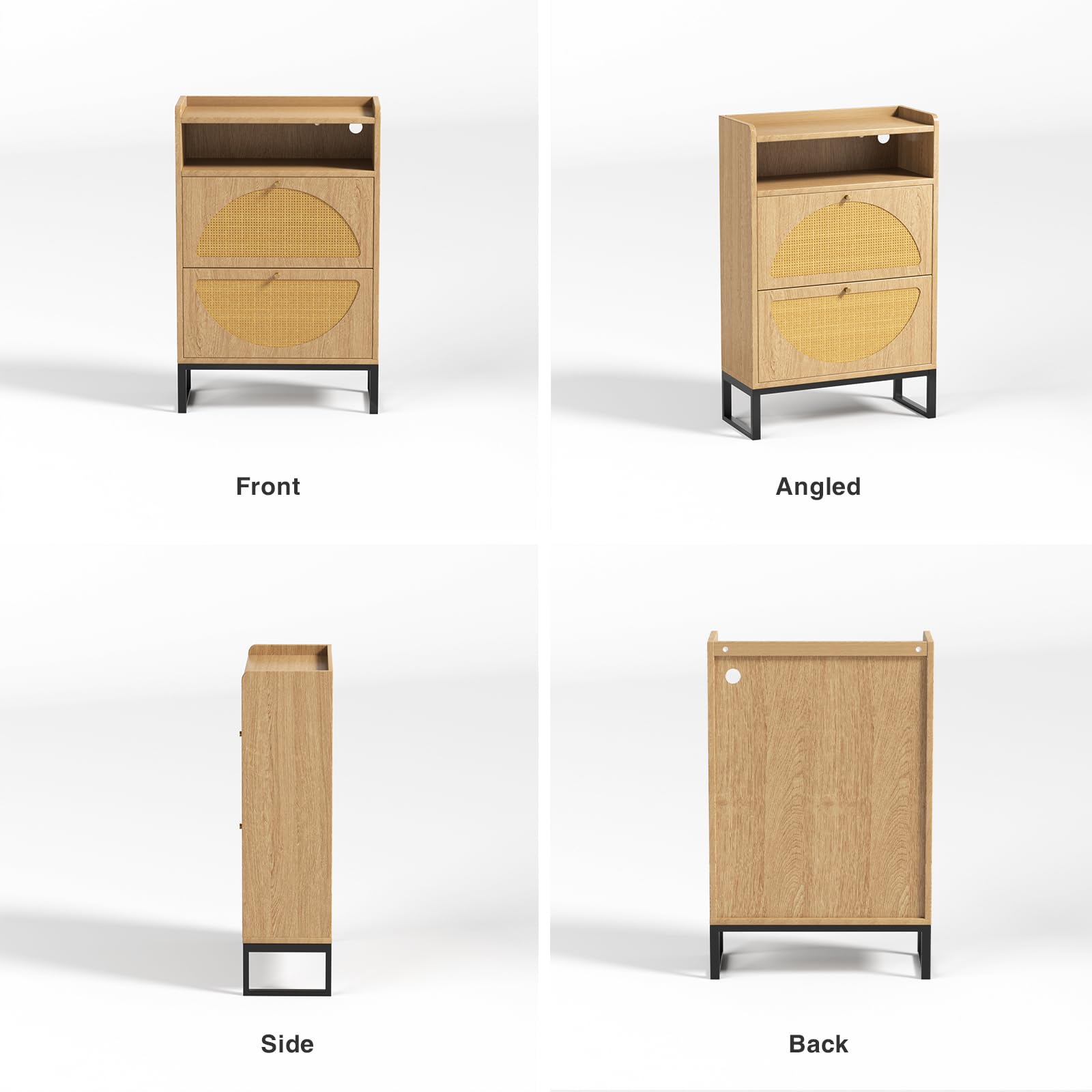 Rattan Shoe Storage Cabinet with 2 Flip Drawers & Sensor Light - Slim Entryway Shoe Organizer with Metal Frame for Hallway, Living Room, or Bedroom - Beige (Natural) Hidden Shoe Cabinet for Small Spaces