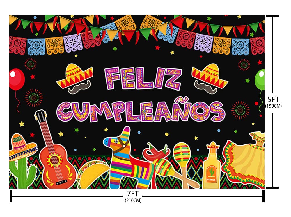 7x5ft Mexican Fiesta Happy Birthday Backdrop - Feliz Cumpleaños Party Decor with Cactus Balloons for Cinco De Mayo, Carnival, Bday Cake Table & Photography Background - Perfect for Mexican-Themed Parties, Photo Booths & Social Media Content