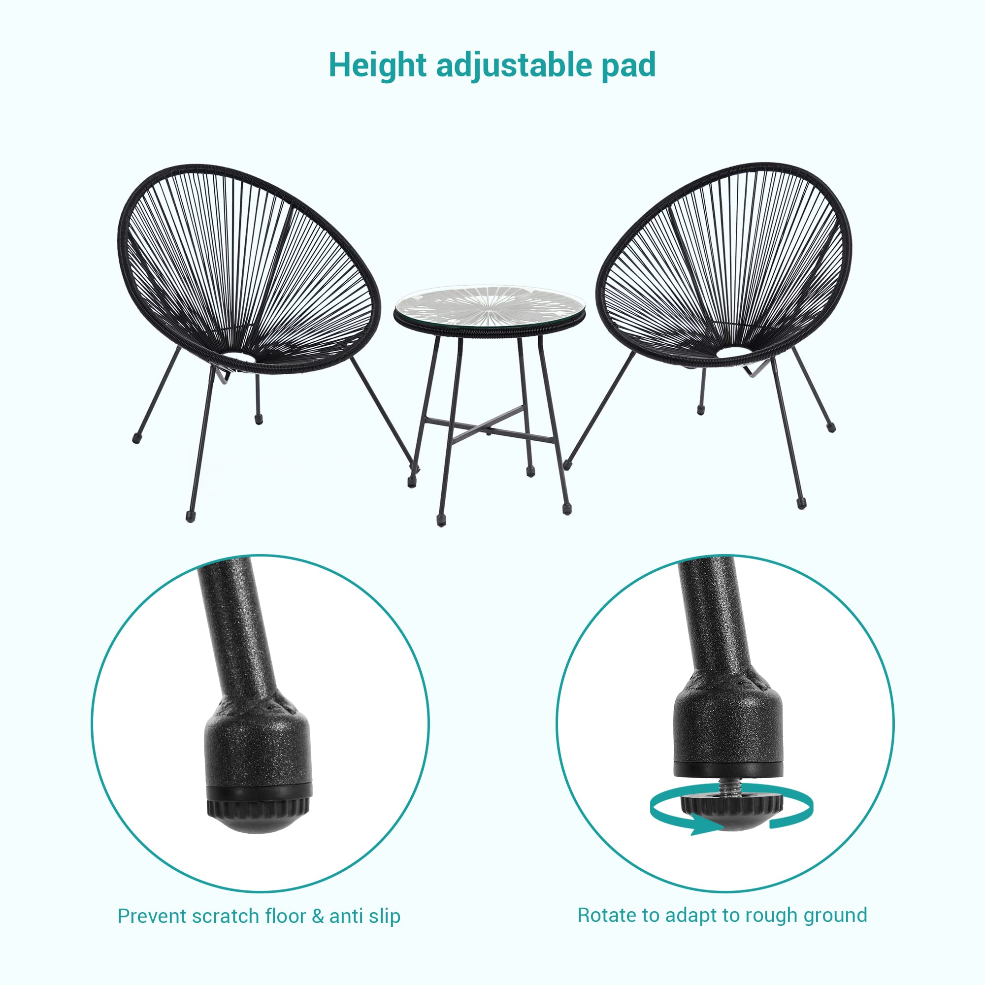 3-Piece Patio Furniture Set - Acapulco Chair with Tempered Glass Top Table & 2 Chairs - Indoor Outdoor Seating for Garden, Balcony, Poolside - Black