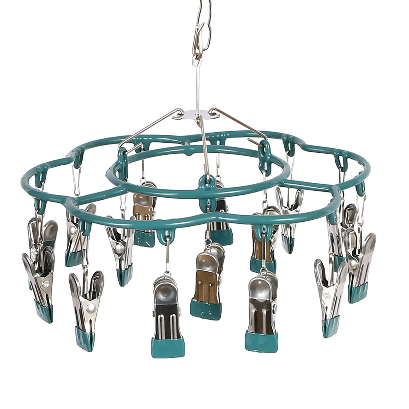 Stainless Steel Clothes Hangers with 15 Clips - Foldable Drying Rack for Baby Clothes, Socks & Travel Accessories | Portable & Space-Saving | Perfect for Laundry Room, Closet & Travel Use (Green)