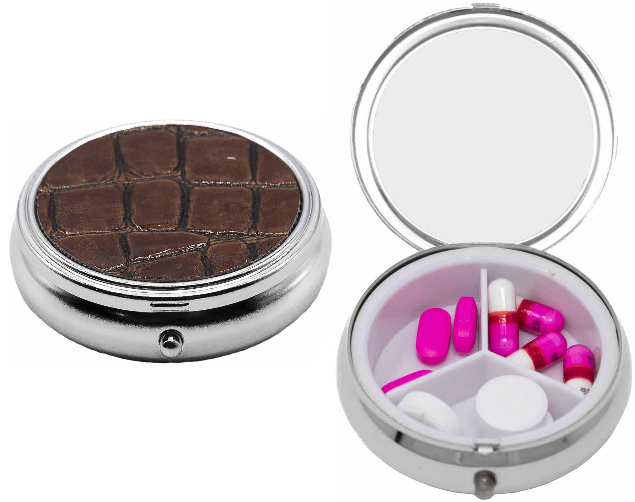 Stephanie Imports 2-Pack Triple-Compartment Pill Organizer Set - Circular Medicine Box with Insert in Brown Faux Leather | Perfect for Daily Medication, Travel & Elderly Care