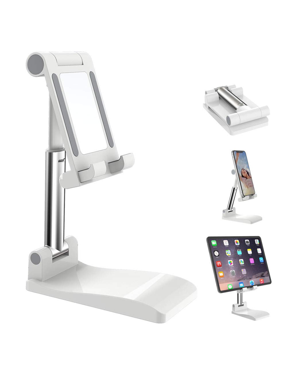 Adjustable Foldable Phone Stand Holder with Mirror - Universal Dock for iPhone, iPad, Kindle & Tablets - Perfect for Desk, Office, Makeup & Video Calls (White)