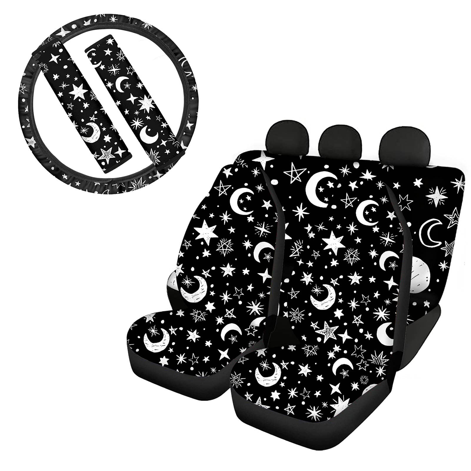 POCEACLES 4-Piece Car Seat Cover Set with Steering Wheel Cover & 2 Seat Belt Covers - Moon & Star Print Universal Fit for Cars, Trucks, SUVs, Vans | Protect Your Interior & Add Stylish Decor for Daily Commutes, Road Trips & Family Rides