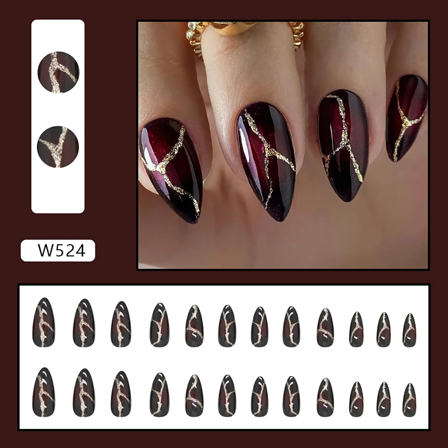 24PCS Black Full Cover Reusable Glossy False Nails Kit with Gold Lightning Designs - Medium Length Pointed Press on Nails, Acrylic Fake Nails for Women, Almond Shape Glue on Nails - Perfect for Parties, Weddings, and Special Occasions