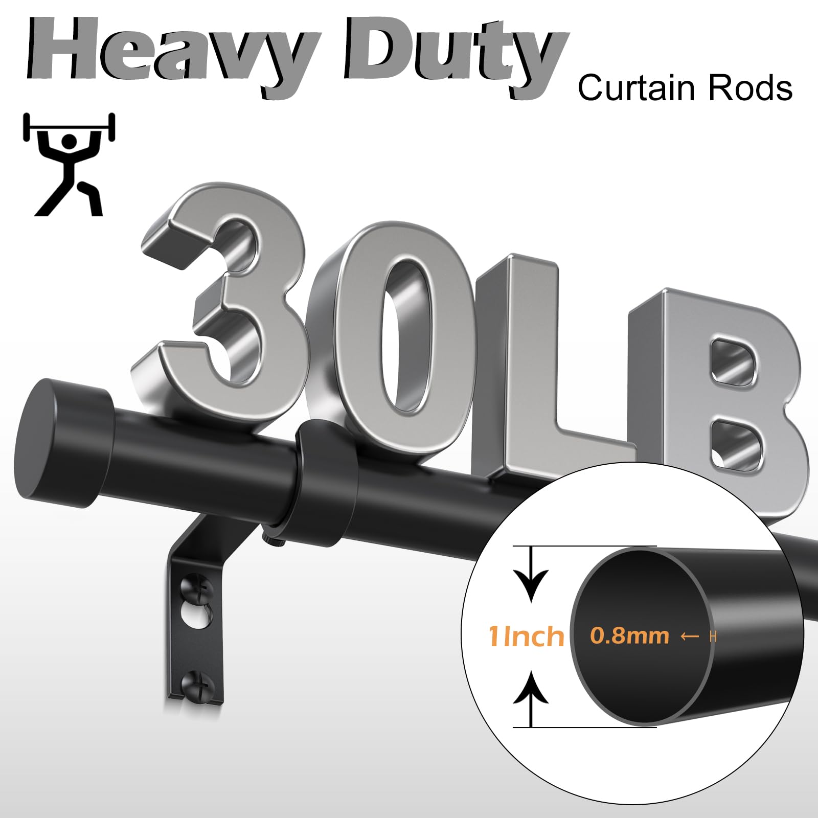 OLV 66-120 Inch Black Curtain Rod - Heavy Duty Adjustable Drapery Rod for Windows