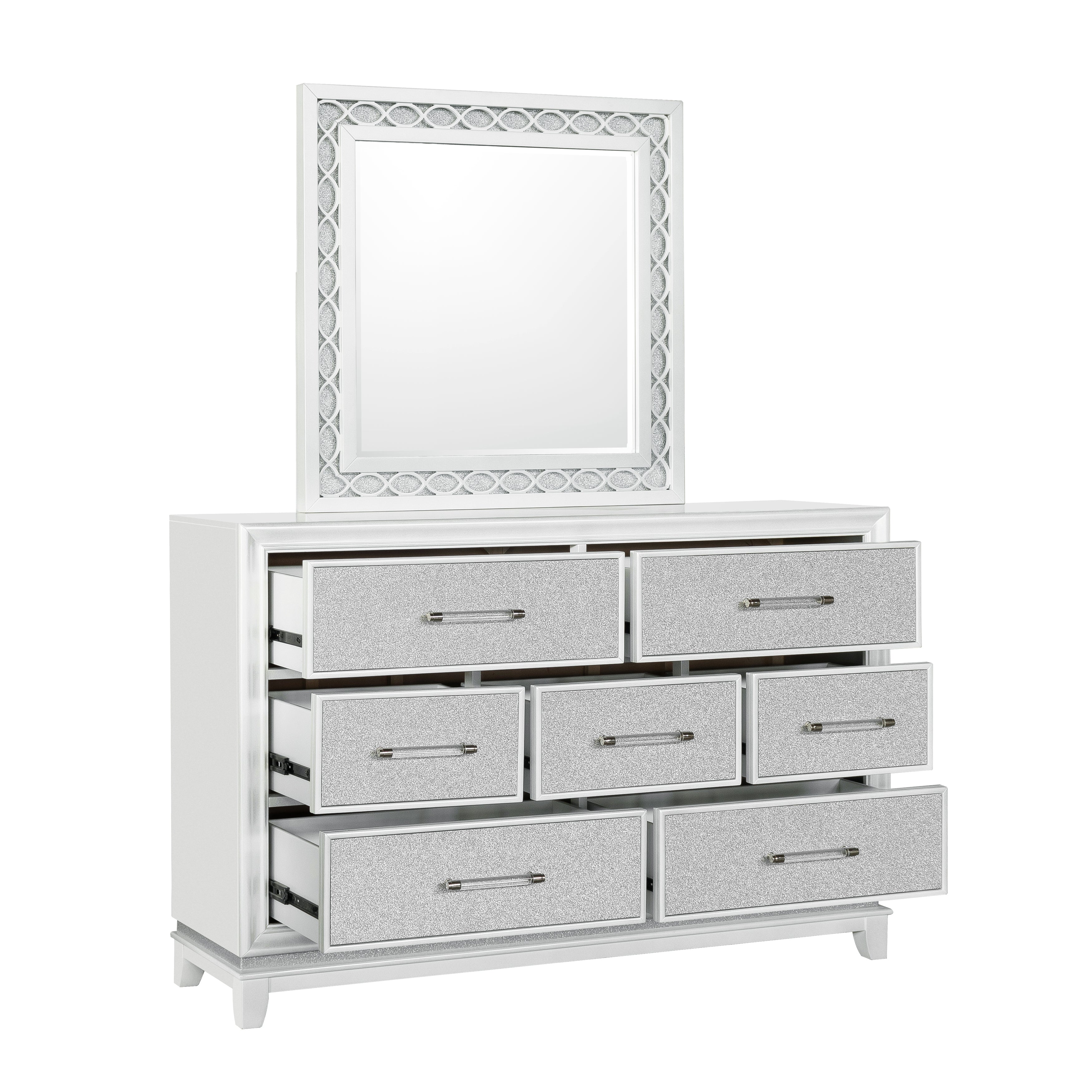 Roundhill Furniture Galaxy Bedroom Set with LED Lights - Pearlized White Finish, Modern Bed Frame with Nightstand & Dresser - Perfect for Contemporary Bedrooms & Teen Rooms