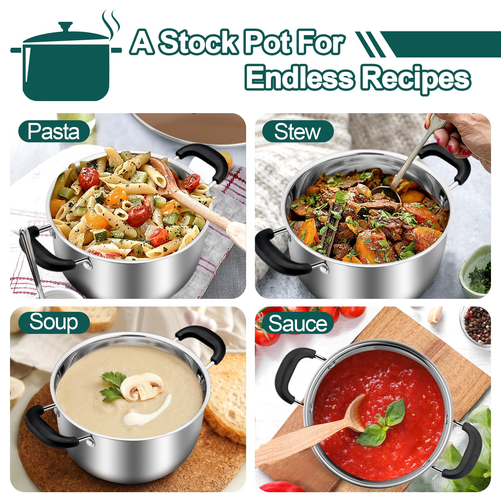 TeamFar 3 Quart Stainless Steel Stock Pot with Tempered Glass Lid - Heavy Duty Pasta & Soup Cooking Pot, Double Heat-Proof Handles, Non-Toxic, Dishwasher Safe - Perfect for Home Kitchen, Camping & Meal Prep