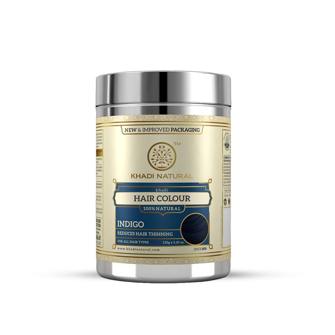 Khadi Natural Herbal Hair Color with Indigo - Chemical-Free Gray Coverage & Hair Thinning Prevention | 150g Herbal Hair Dye for All Hair Types | Perfect for Home Use & Organic Hair Care Routines