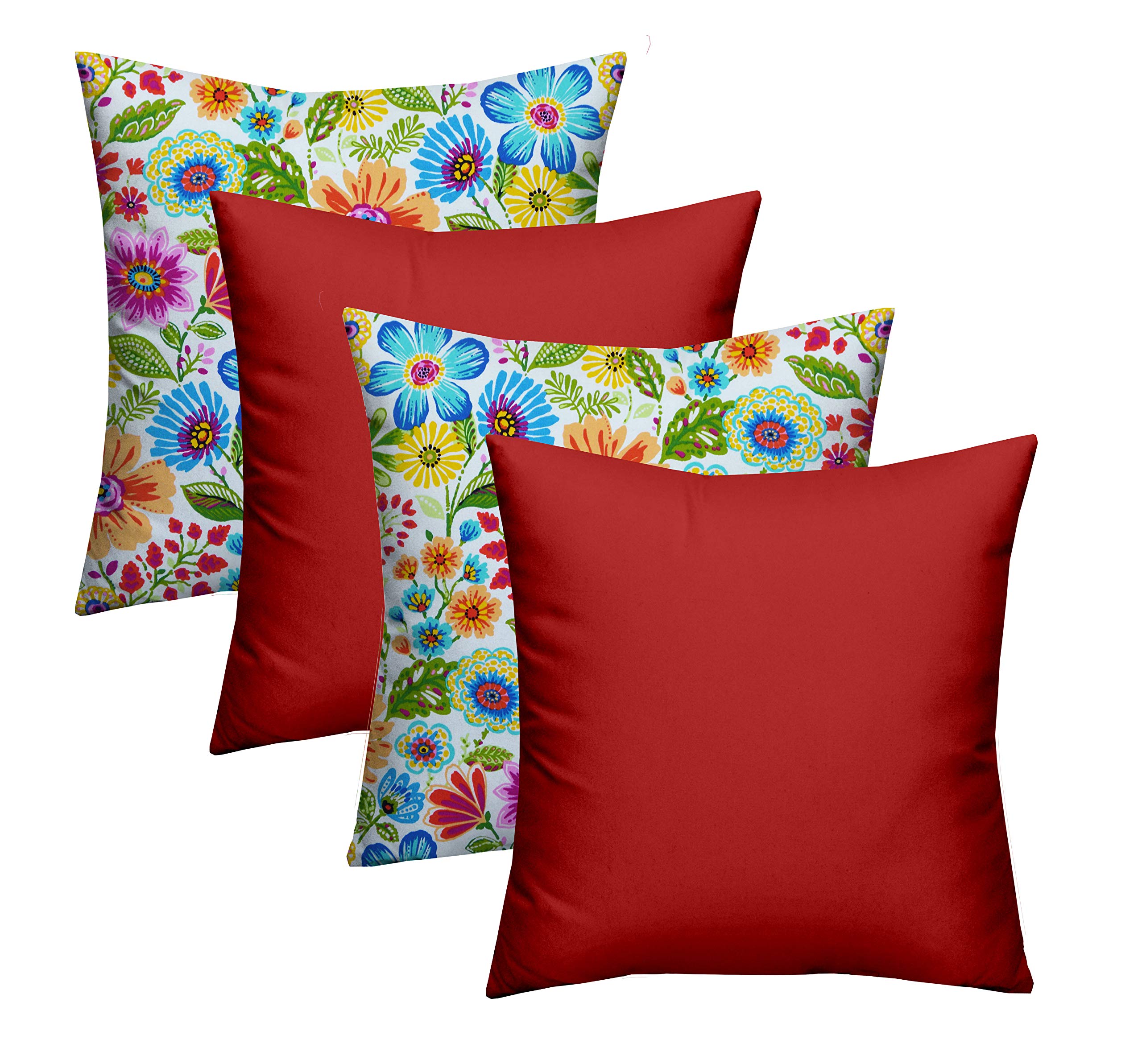 RSH DECOR Set of 4 Square Throw Pillows 17x17 Inch - All Weather Indoor/Outdoor Decorative Cushions for Sofa, Patio & Garden Furniture - Reversible Polyester Fabric in Gregoire Fresco + Red - Perfect for Living Room, Porch & Outdoor Seating Areas