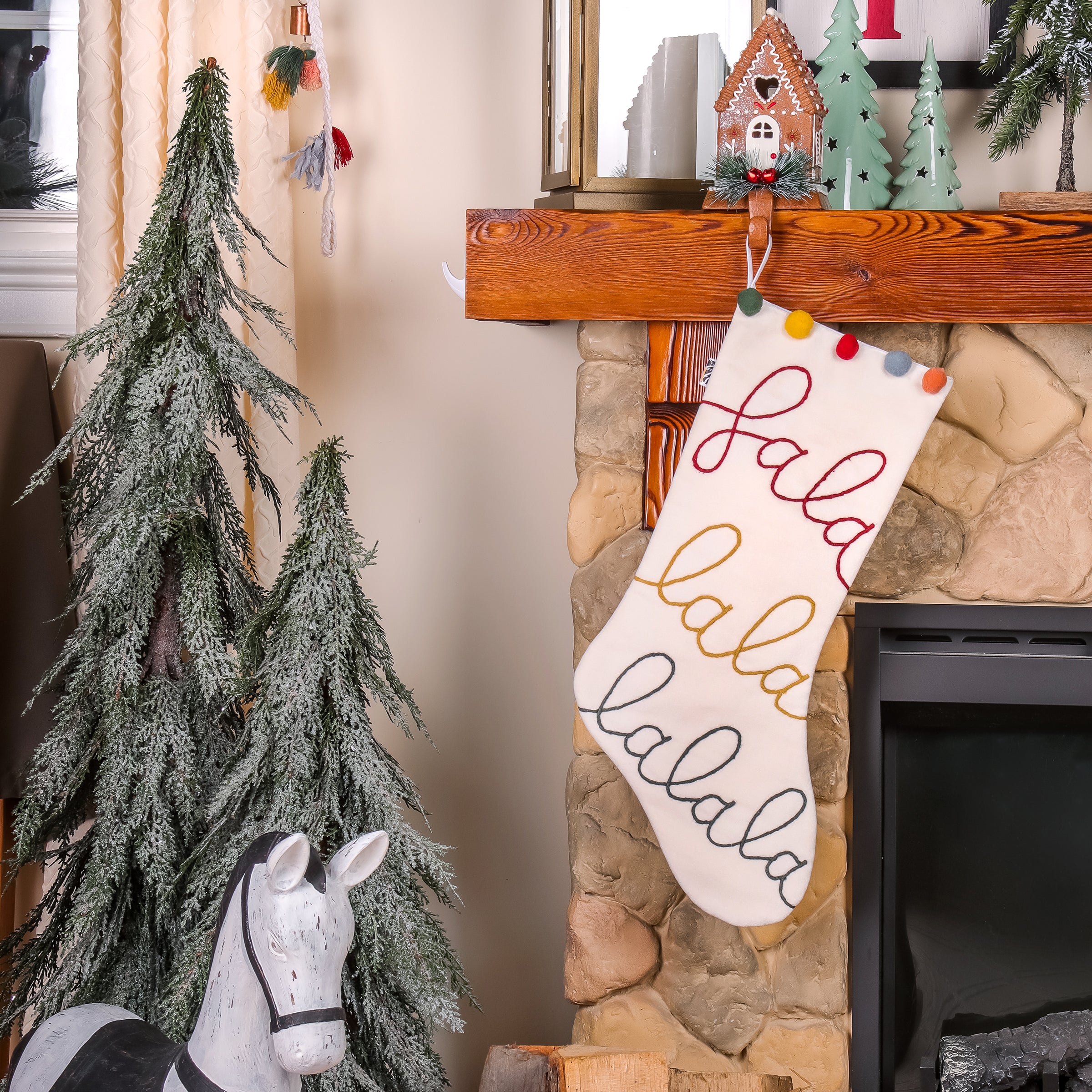 20 Inch HGTV Home Collection White Fa La La Christmas Stocking - Perfect for Holiday Decor & Gift Giving