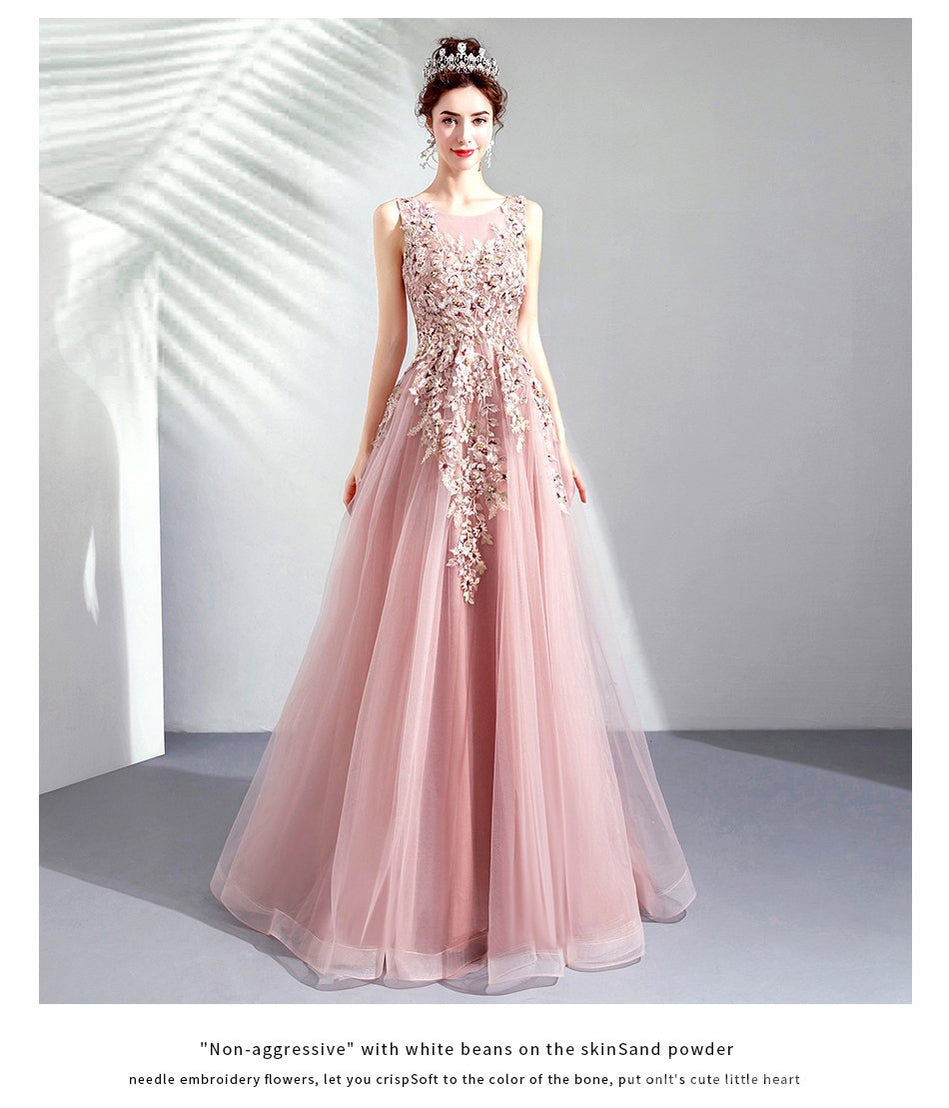 Elegant Floral A-Line Pink Jewel Long Party Prom Dresses for Women - Affordable Formal Dance Gowns - Perfect for Homecoming, Quinceañera & Evening Events