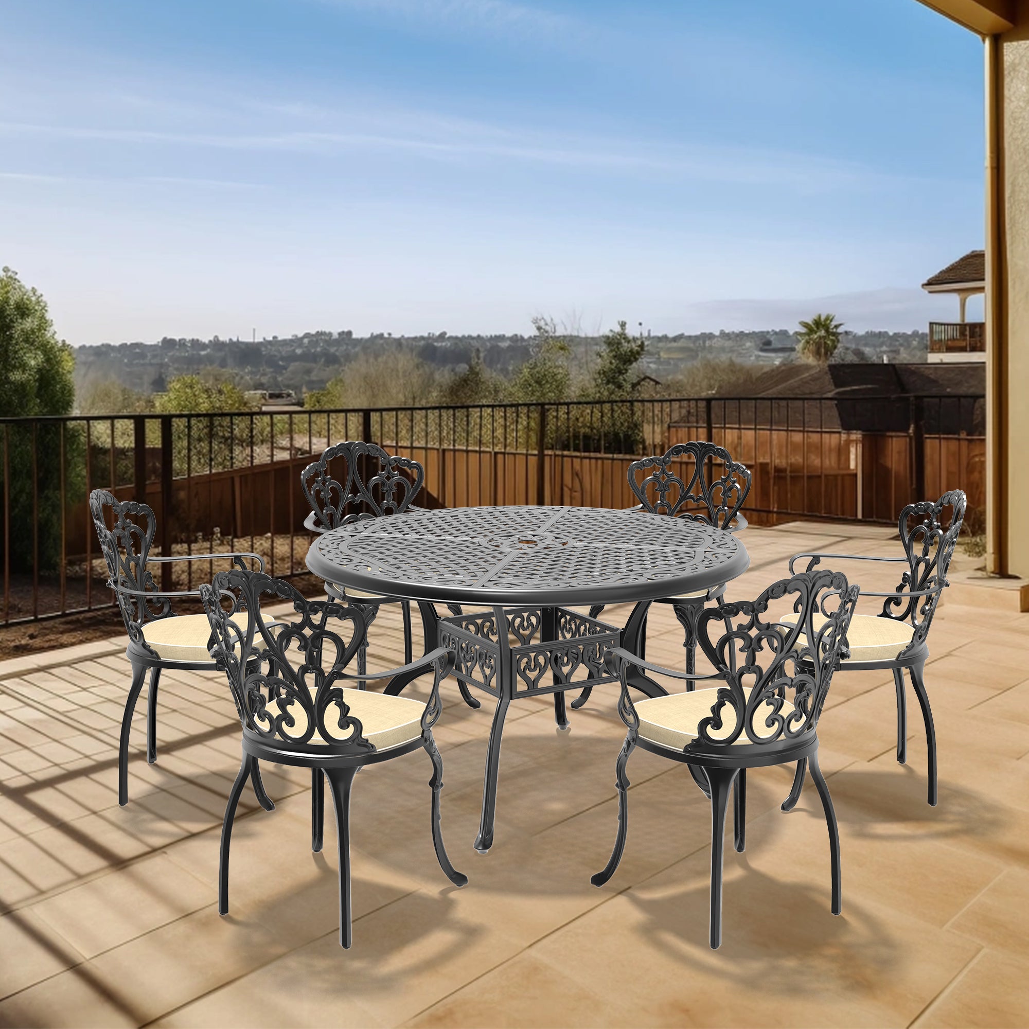 7-Piece Cast Aluminum Patio Furniture Set with Cushions - Outdoor Dining & Lounge Set for Garden, Poolside, Backyard - Random Color Cushions Included (Item Code W1710S00144)