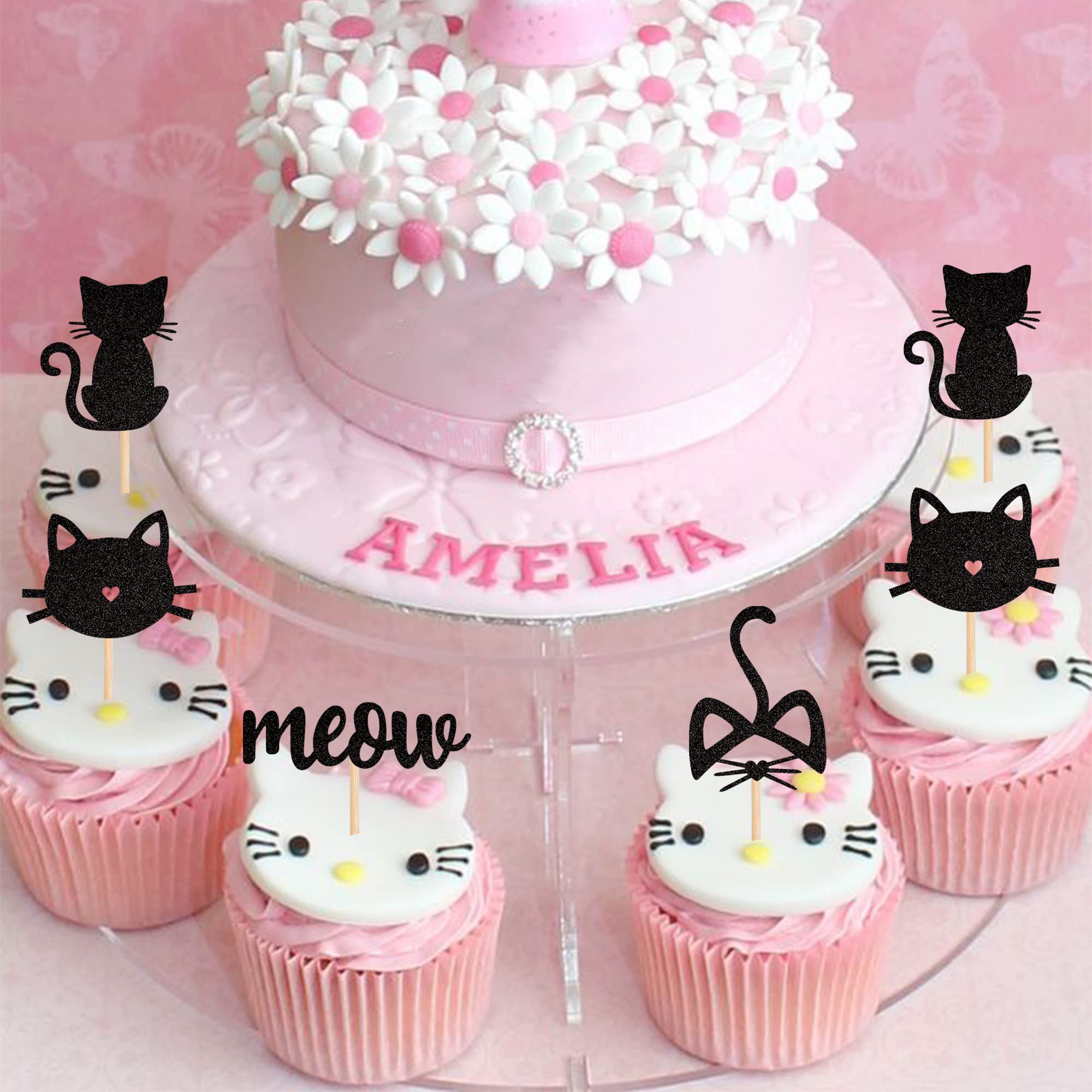24 Pack Black Glitter Cat and Meow Cupcake Toppers - Kitten Theme Food Picks for Cat Lovers - Perfect for Baby Showers, Kids Birthdays, Wedding Cakes & Party Decorations
