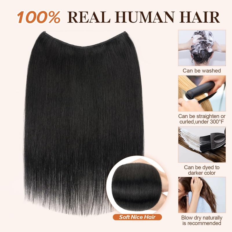 100% Real Human Hair Halo Extensions 18 Inch 65g - Natural Black Hairpiece for Women | Perfect for Weddings, Parties & Daily Styling
