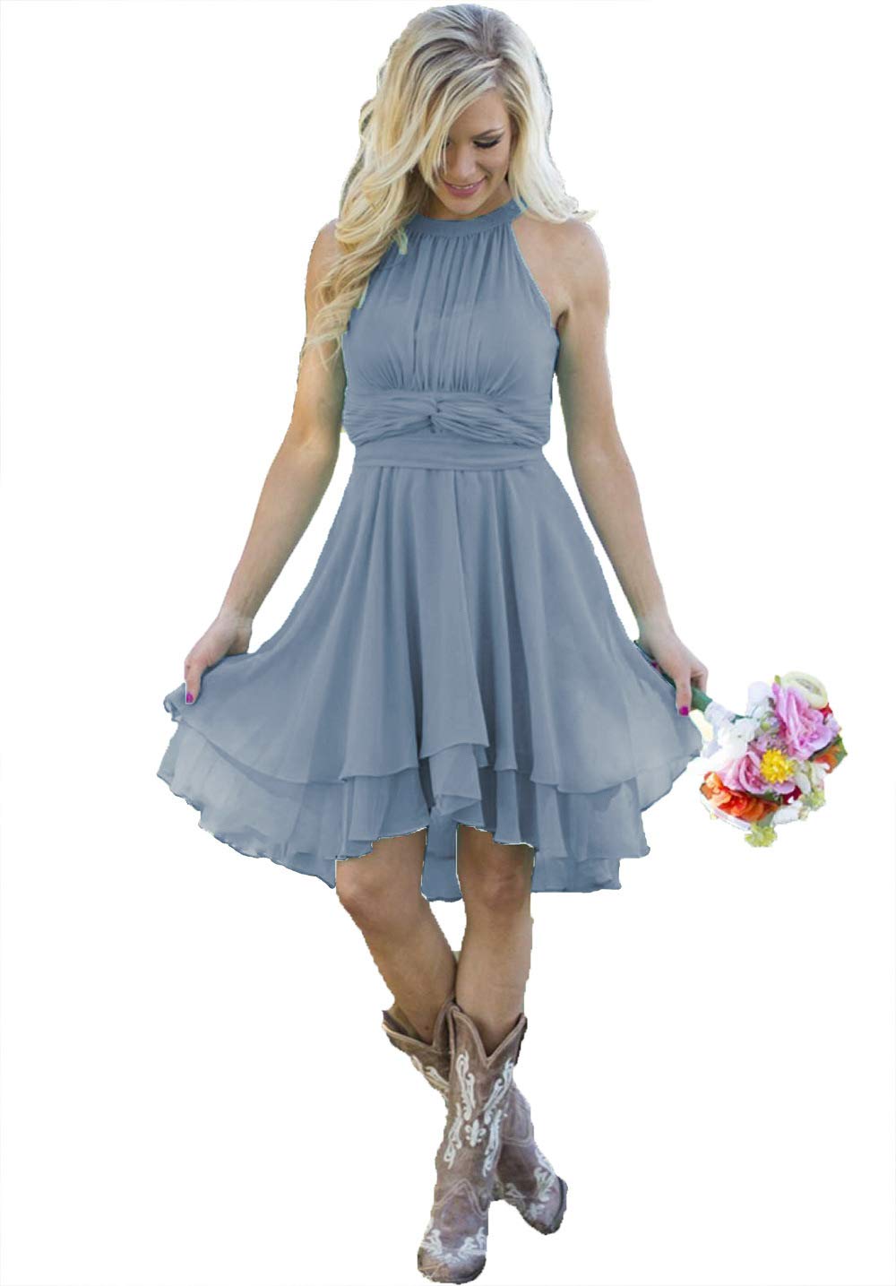 Elegant Coral Chiffon Halter Bridesmaid Dress for Women - Western Wedding Guest Dress Size 4 | Perfect for Summer Weddings, Bridal Showers & Formal Events