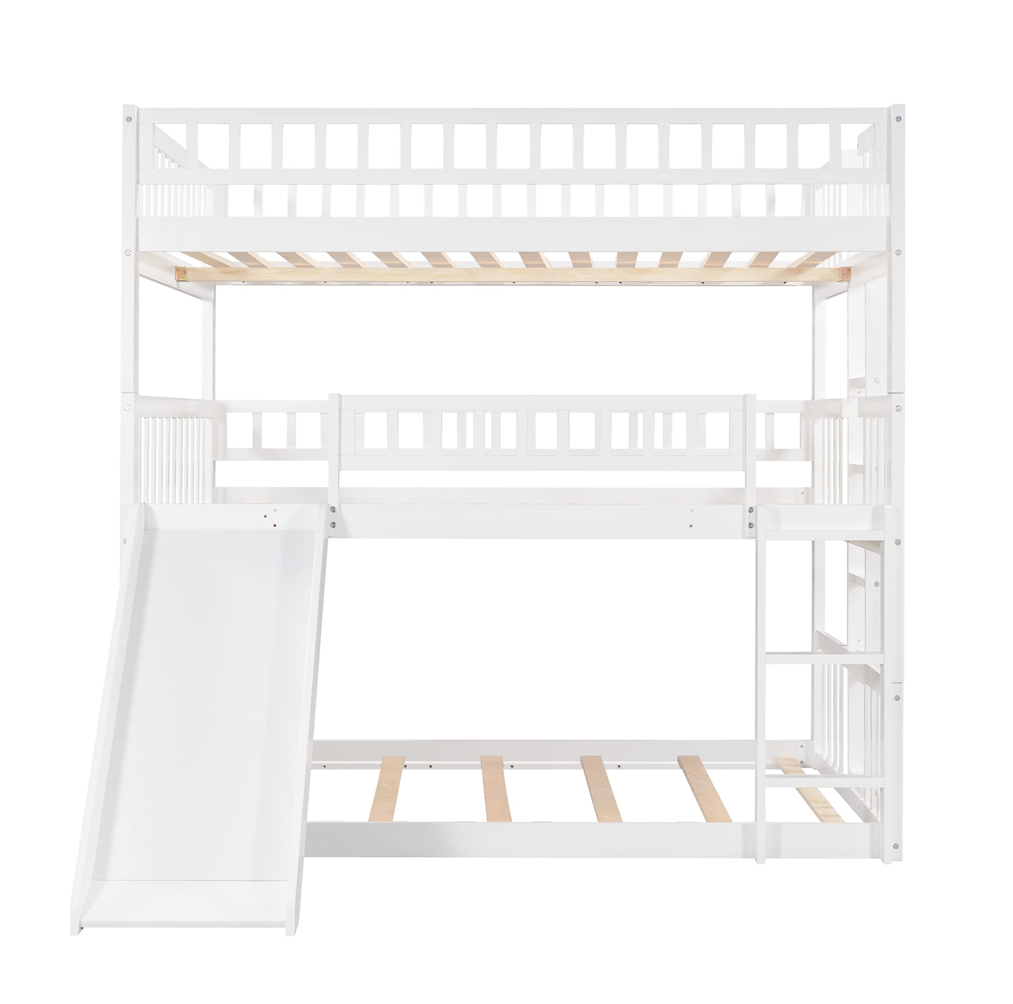Harper & Bright Designs White Triple Bunk Beds with Slide - Full Over Full Over Full Wooden Bunk Bed Frame with Built-in Ladder - Space Saving Kids, Teens & Adults Bedroom Furniture for Small Rooms, Vacation Homes & Shared Bedrooms