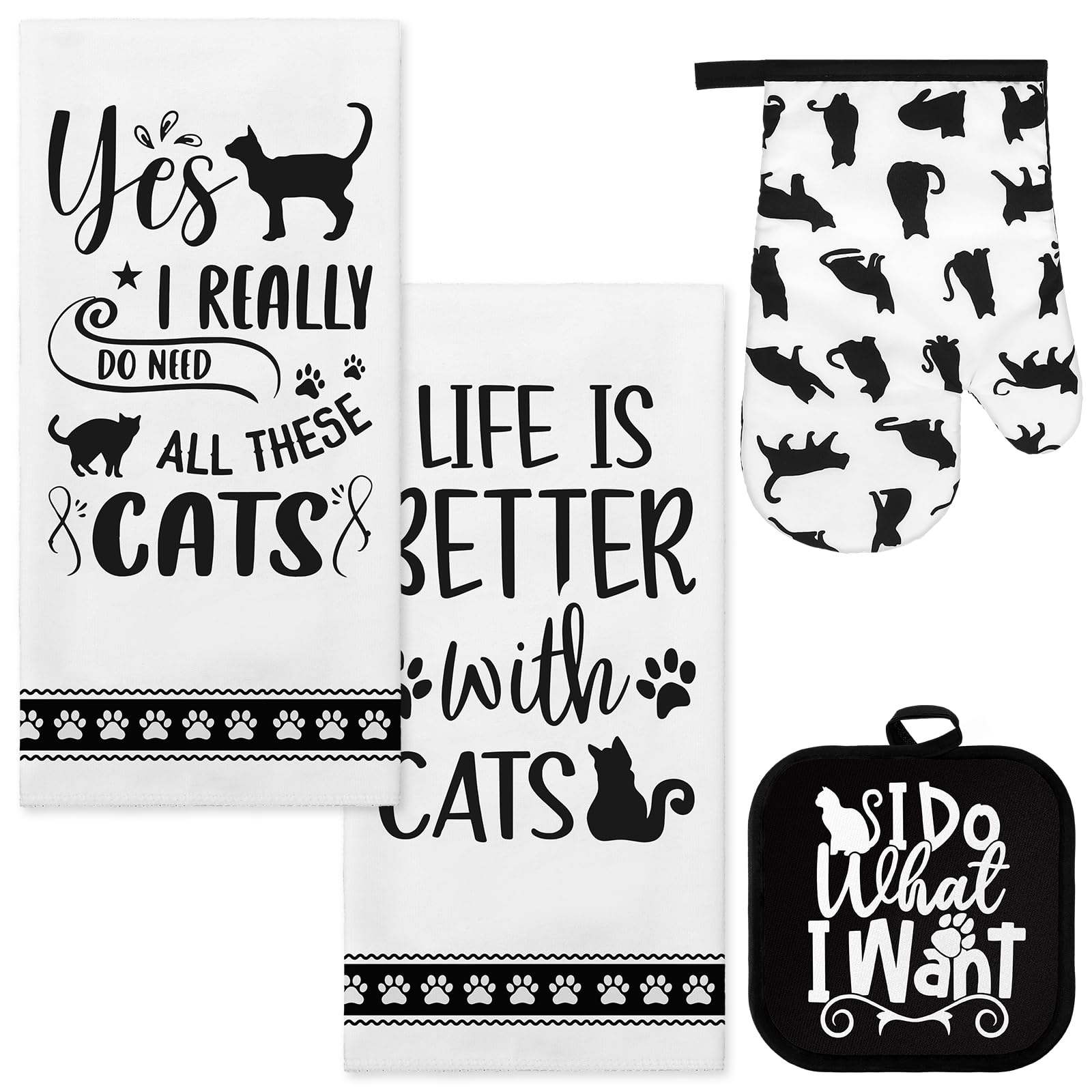 Premium 4-Piece Kitchen Set - Dish Towels, Pot Holders & Oven Mitts for Baking - Cat Lover Theme - Black & White Cotton Kitchen Accessories - Perfect for Home Cooking, Holiday Gifts & Kitchen Decor