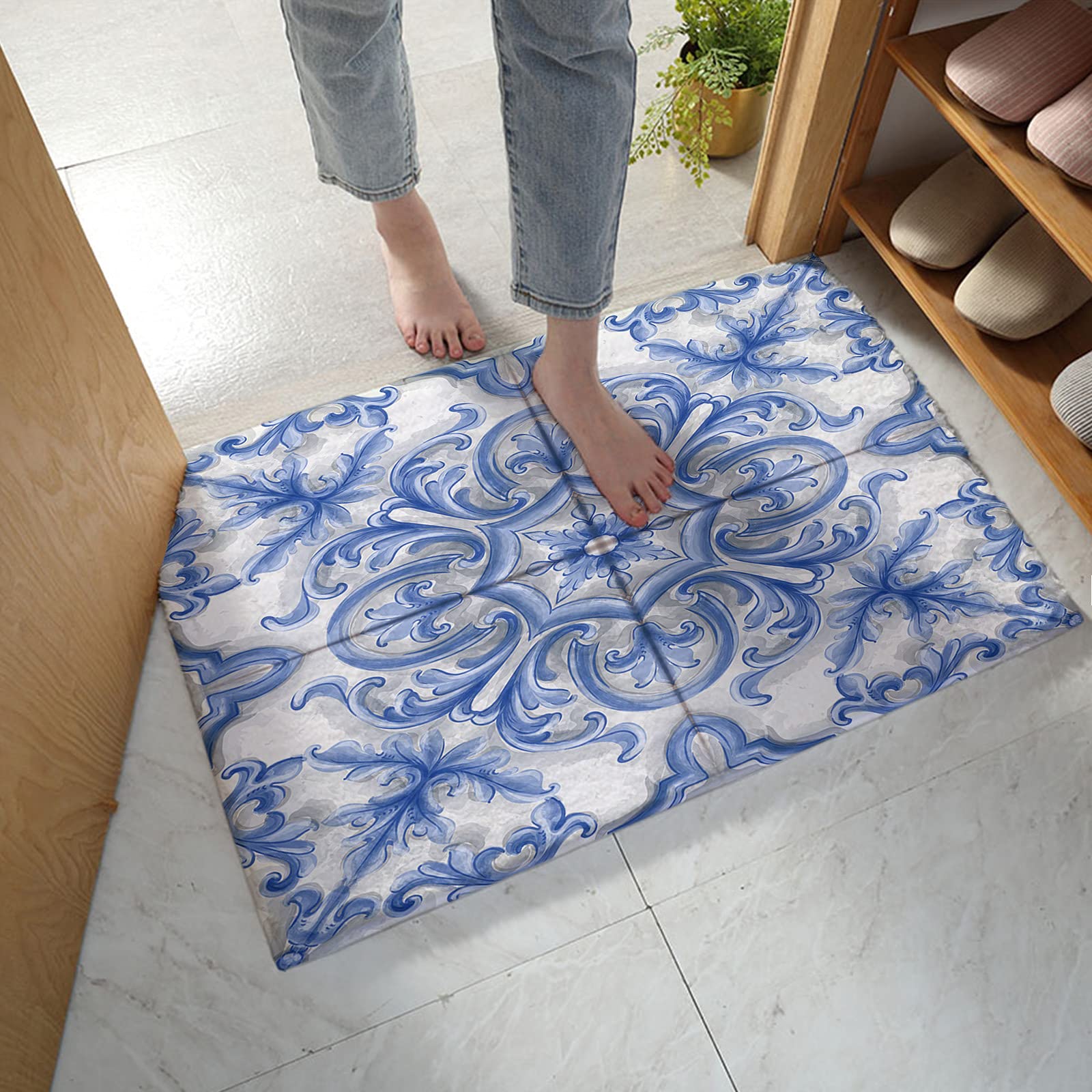 MuswannaA Bohemian Retro Ethnic Style Bathroom Rug - Extra Absorbent Non-Slip Microfiber Shower Mat, Plush Thick Shaggy Floor Mat with Tile Pattern - Perfect for Bathroom, Shower, and Vanity Areas