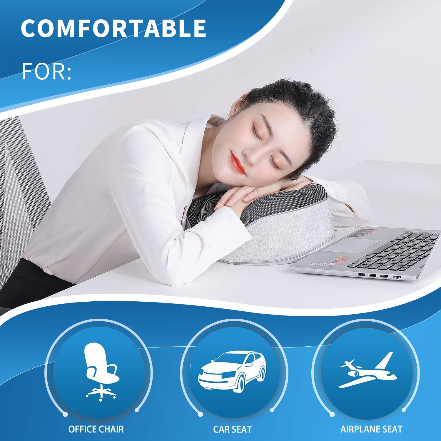 **Ergonomic Memory Foam Travel Neck Pillow - Adjustable Chin Support for Airplanes, Cars & Home Use - Soft Full Neck Surround Design for Comfortable Sleep (Grey)**    *Perfect for long flights, road trips, office naps, and relaxing at home.*