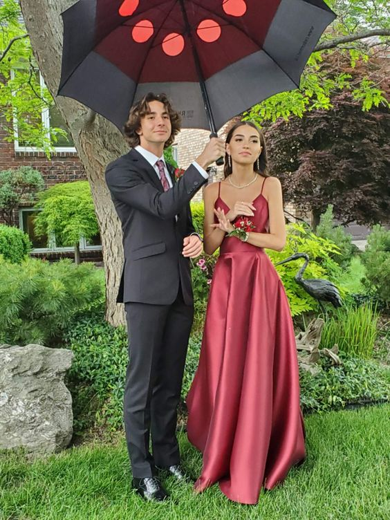 Elegant Burgundy Spaghetti Straps V-Neck A-Line Long Prom Dress 2538 - Perfect for Homecoming, Formal Dances & Evening Galas