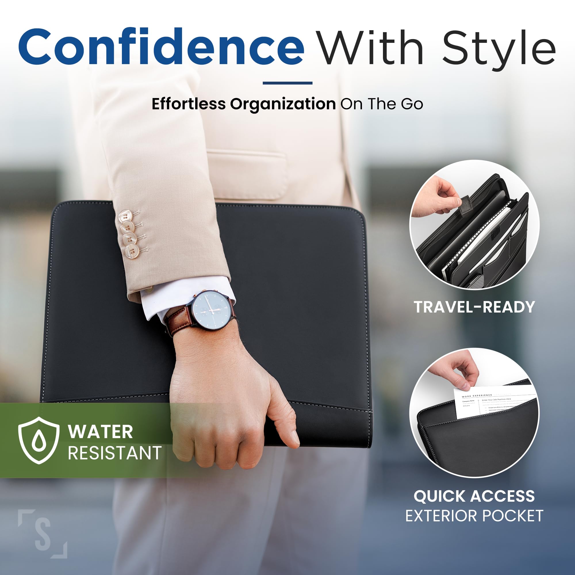 Premium STYLIO Faux Leather Zipper Padfolio Organizer - Professional Portfolio Binder for Resume, Documents, Business Meetings | Holds Phone, Tablet, Cards & Includes Letter-Sized Notepad - Perfect for Office, Interviews & Executive Business Use