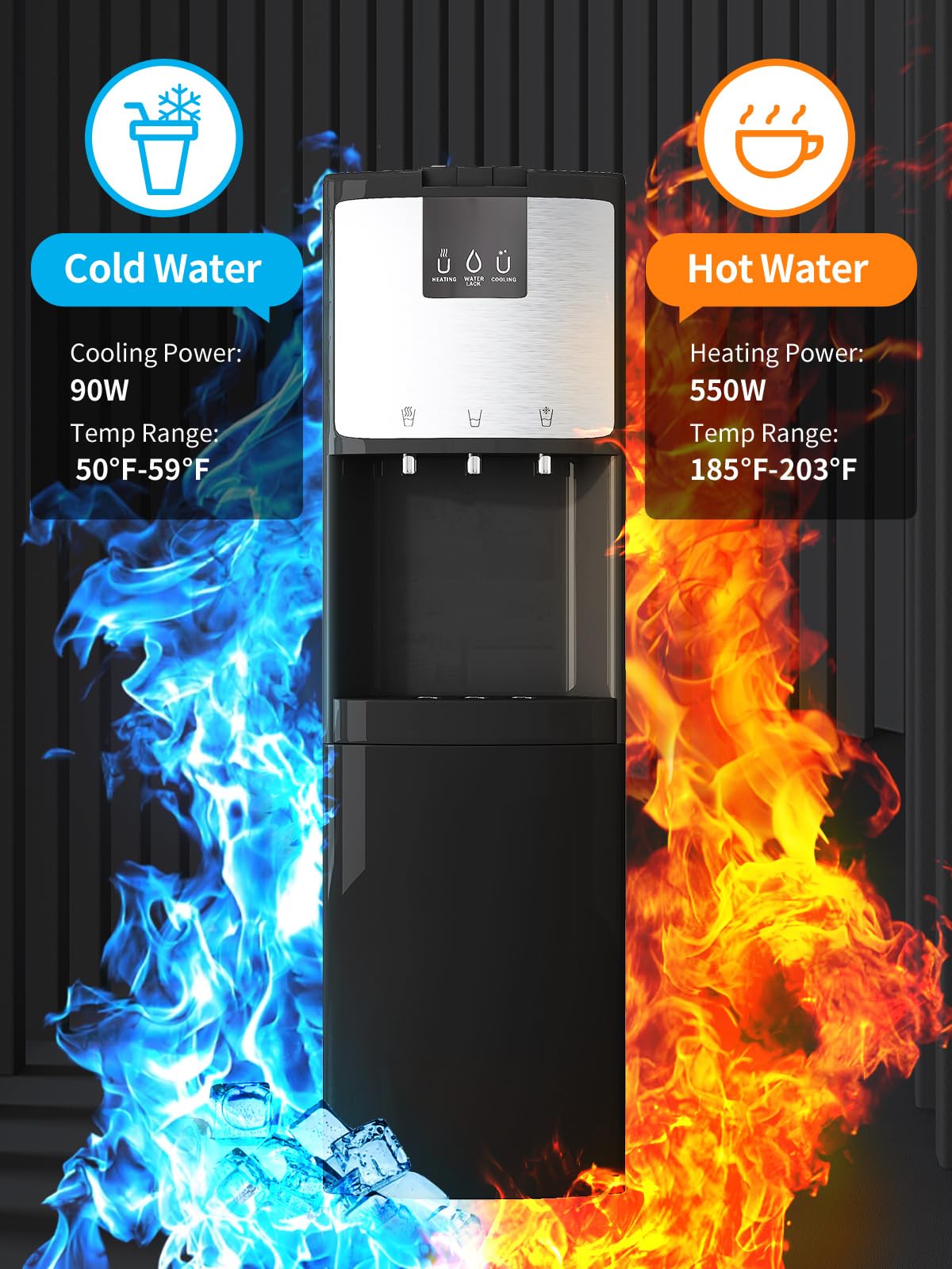 TABU Bottom Loading Water Cooler Dispenser - 3 Temperature Settings (Hot, Cold, Room) for 3/5 Gallon Bottles, Self-Cleaning Stainless Steel with Anti-Scalding & Child Safety Lock - Perfect for Home, Office, and Kitchen Use