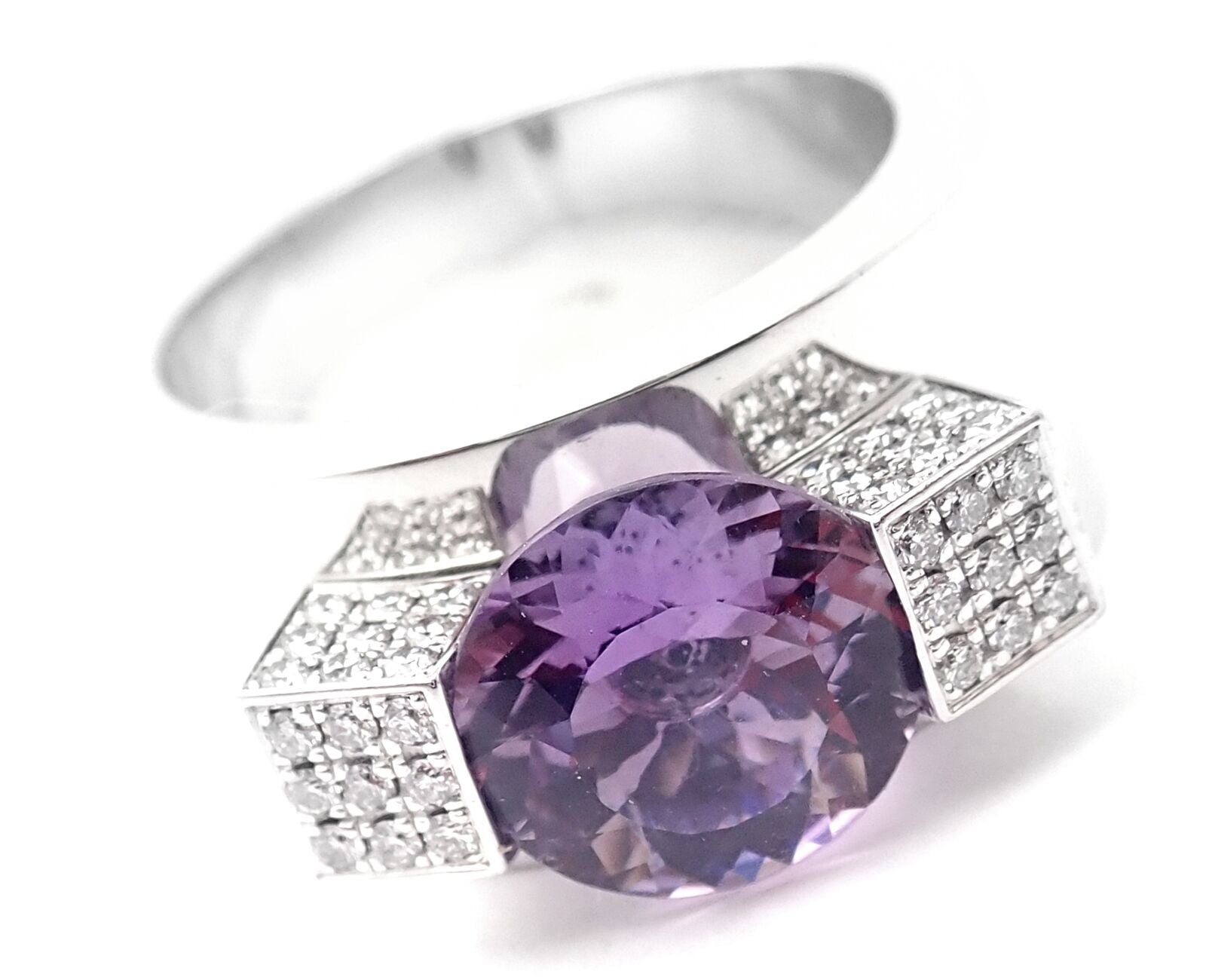 Authentic Chopard 18K White Gold Diamond Amethyst Wide Band Ring for Women - Luxury Wedding, Anniversary & Special Occasion Jewelry Gift