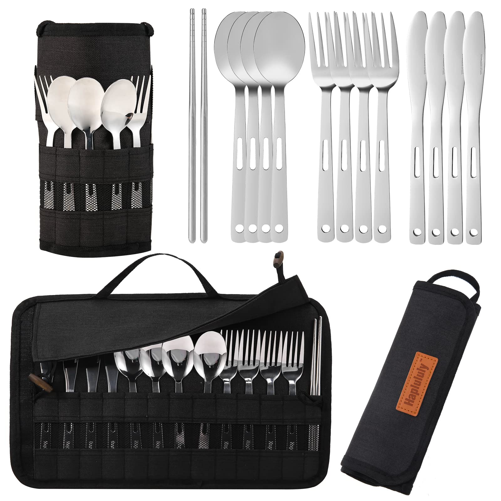 Premium 13-Piece Stainless Steel Cutlery Set with Travel Case - Forks, Spoons, Knives & Chopsticks for Camping, Hiking, BBQs & Outdoor Dining | Durable & Portable Picnic Utensils in Black Nylon Commuter Case