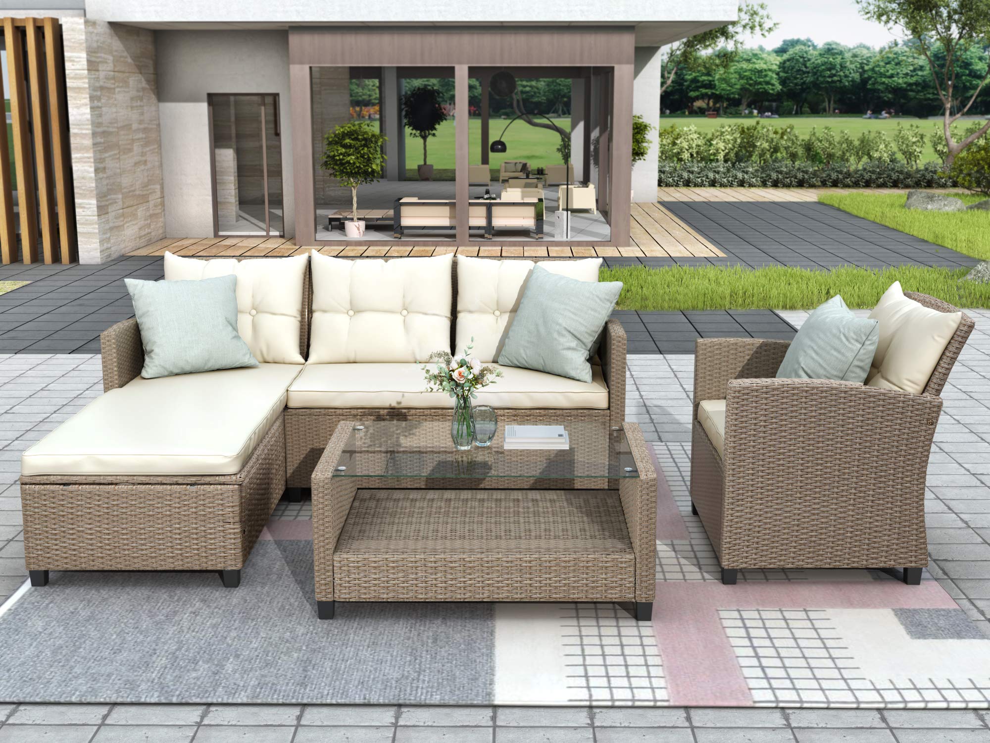 HomSof 4-Piece Outdoor Patio Furniture Set - Wicker Rattan Sectional Sofa with Comfortable Seat Cushions, Beige - Perfect for Backyard, Garden, Poolside & Terrace Relaxation