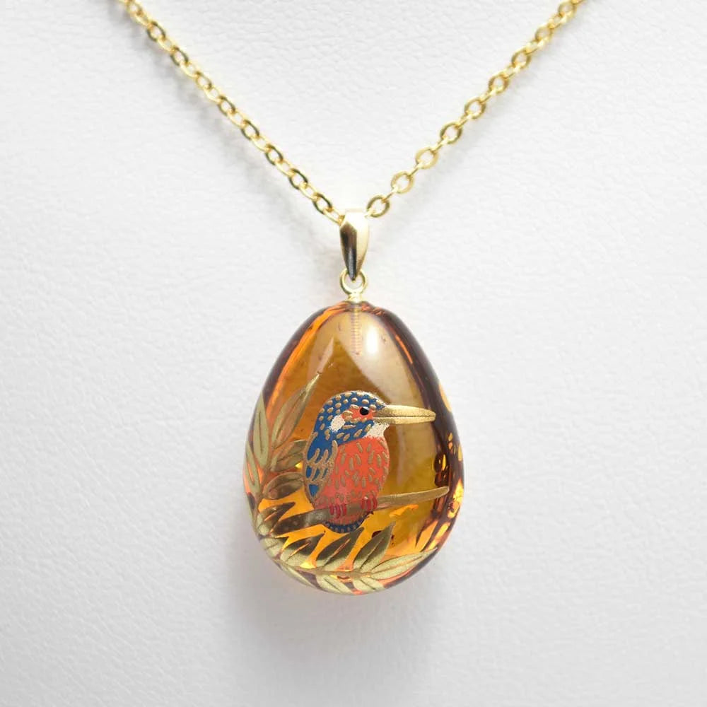 Handcrafted Japanese Maki-e Urushi Lacquer Pendant Necklace - Amber & Kingfisher Design - Traditional Artisan Jewelry for Women - Perfect Gift for Special Occasions & Cultural Enthusiasts