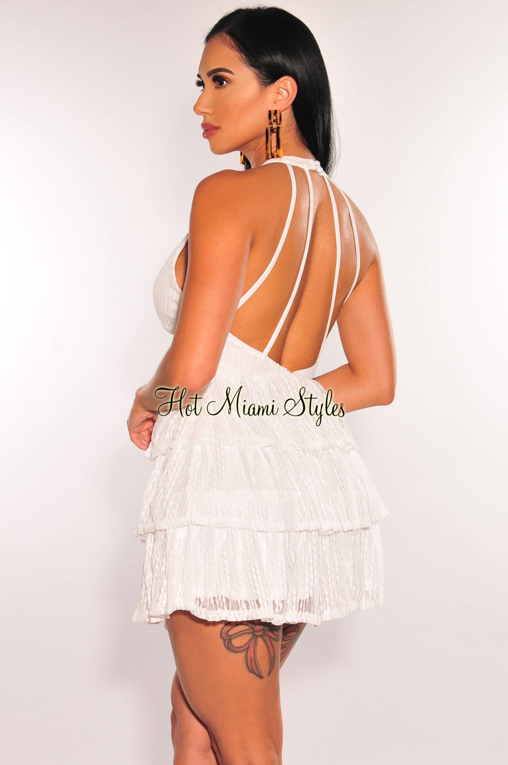 Elegant White Lace V-Neck Ruffled Strappy Back Babydoll Dress for Women - Perfect for Date Night, Cocktail Party & Summer Weddings