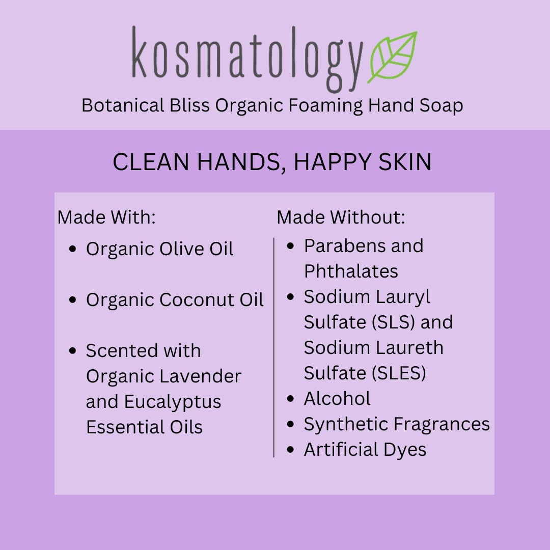 Kosmatology® Organic Foaming Hand Soap - Lavender Eucalyptus Scent | Moisturizing Hand Wash with Essential Oils | Clean, Natural Ingredients | 8.5 fl oz | Perfect for Kitchen, Bathroom & Guest Washrooms