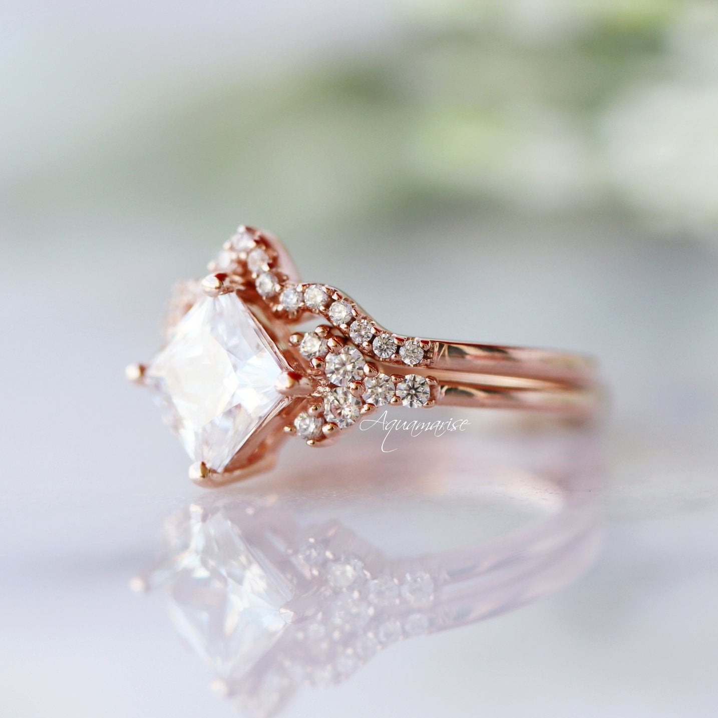 Ellie Princess Cut Moissanite Engagement Ring Set - 14K Solid Rose Gold Wedding Band, Durable & Hypoallergenic Jewelry for Proposals, Anniversaries & Special Occasions