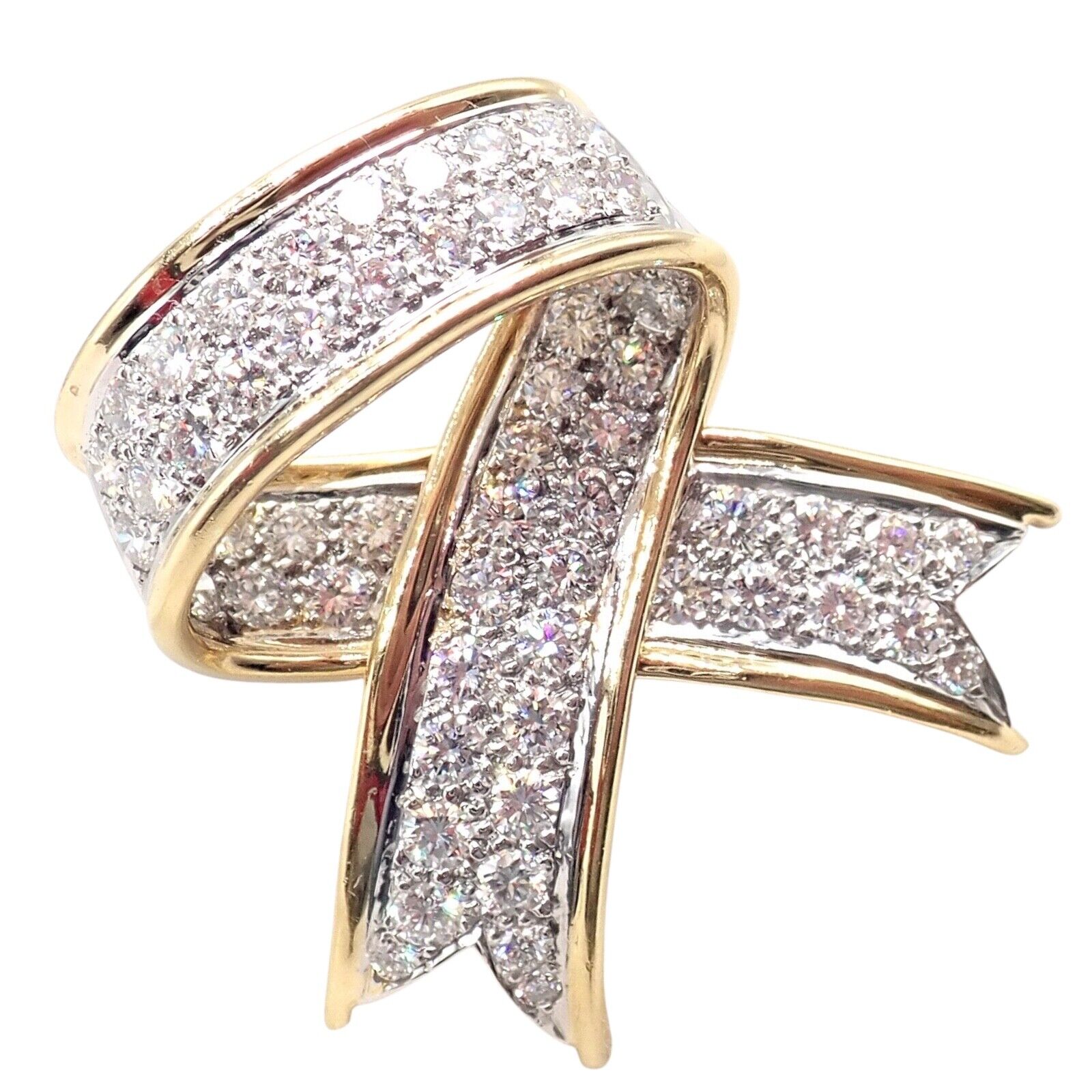 Vintage Tiffany & Co 18k Yellow Gold Platinum Diamond Ribbon Bow Pin Brooch - Elegant Jewelry for Women, Perfect for Weddings, Parties & Special Occasions