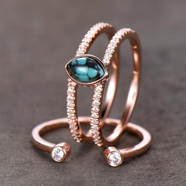 Vintage Turquoise Wedding Ring Set - 4x6mm Marquise December Birthstone, Unique Diamond Band Rose Gold Ring for Women | Perfect for Engagement, Anniversary & Special Occasions