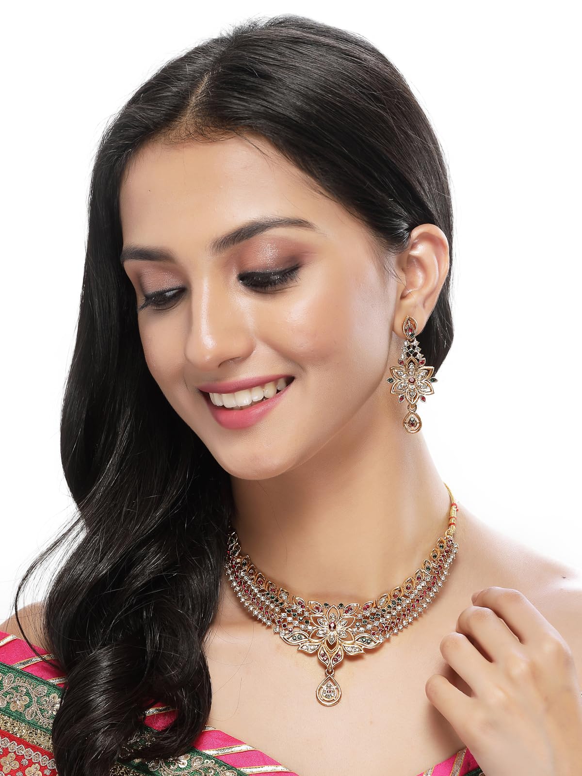 Elegant Gold Plated Multicolor AD Stone Collar Bone Necklace & Earrings Set for Women | Fashion Jewelry Gift for Party, Wedding & Evening Occasions (NS105515)