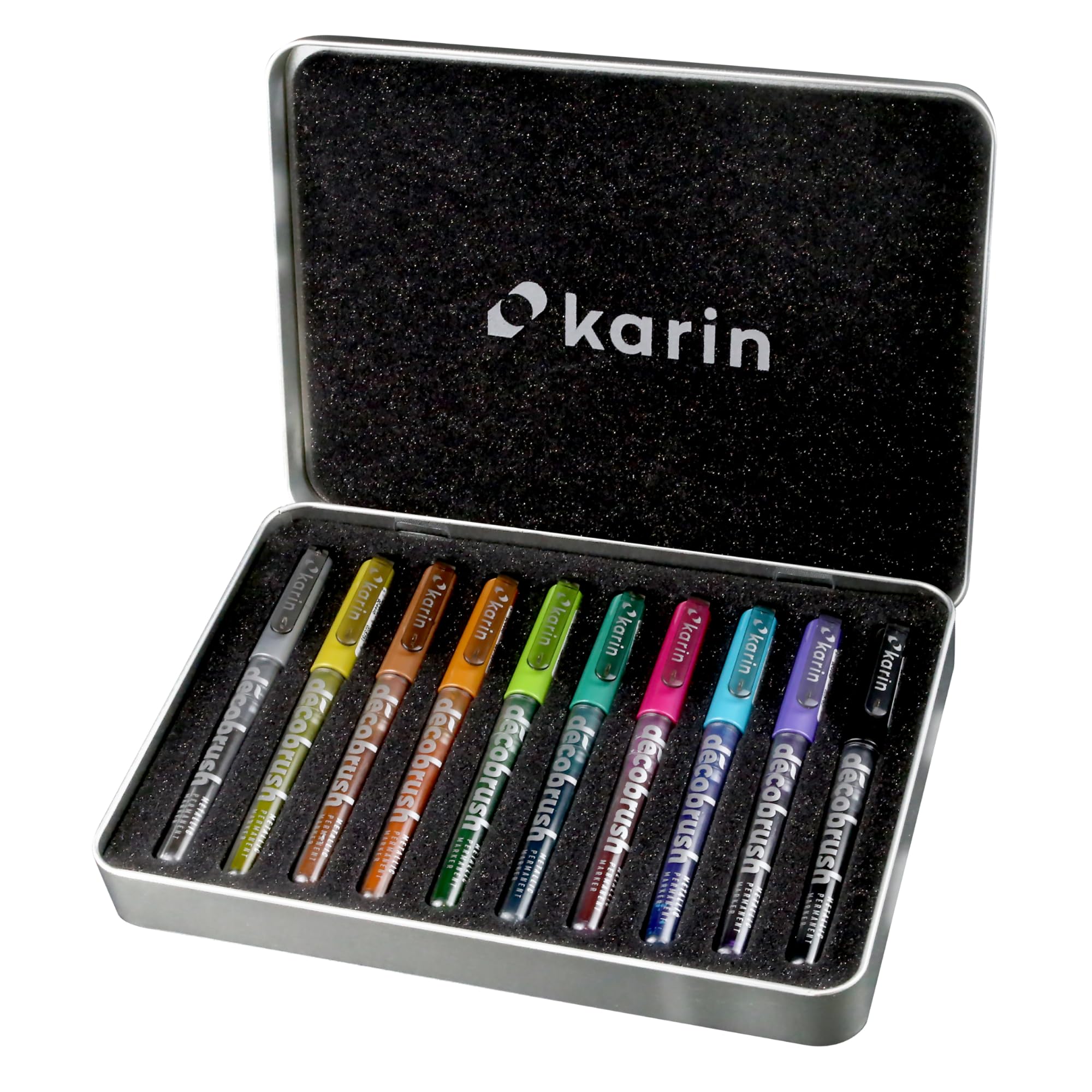 Premium Karin DecoBrush Metallic Markers Set - 10 Vibrant Permanent Paint Pens for Black Paper, Scrapbooking & DIY Crafts (Gold, Silver & More) in Metal Storage Box - Perfect for Calligraphy, Card Making & Art Projects