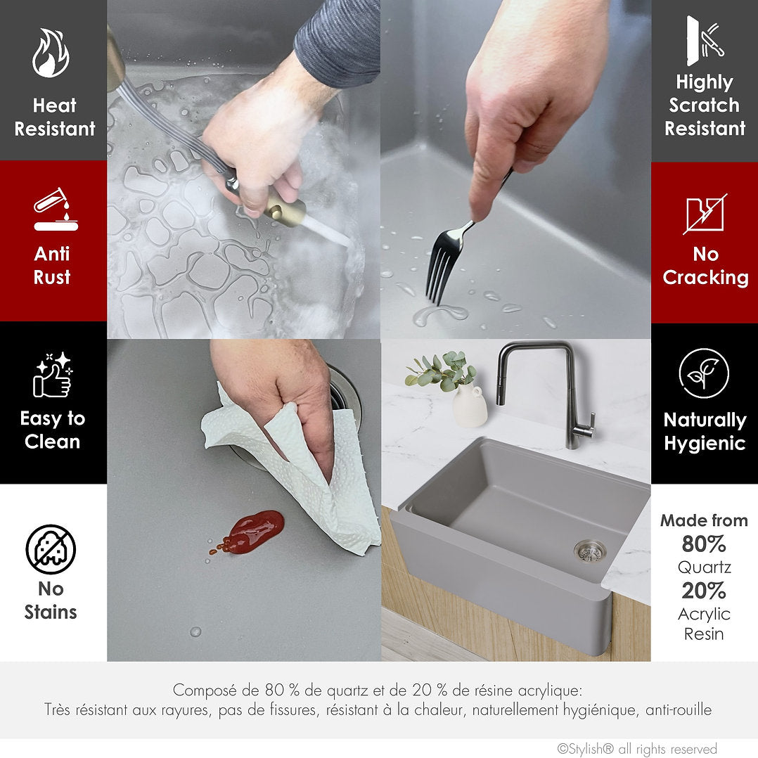 Stylish 30-inch BRONTE S 830WL Farmhouse Apron Front Grey Composite Granite Single Bowl Kitchen Sink - Perfect for Modern Farmhouse & Rustic Kitchen Renovations