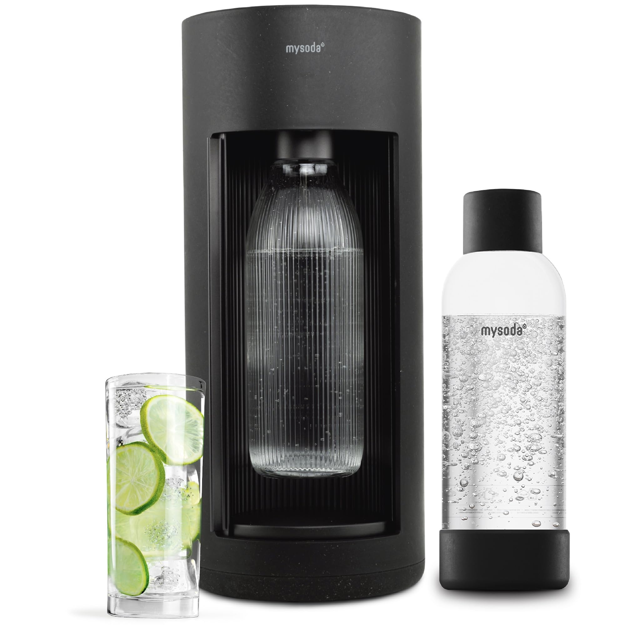**Mysoda Glassy Sparkling Water Maker - 1L Glass & Plastic Bottle, Silent Nordic Design, Sliding Door - Black | Home & Office Carbonated Drink Machine for Healthy Hydration**