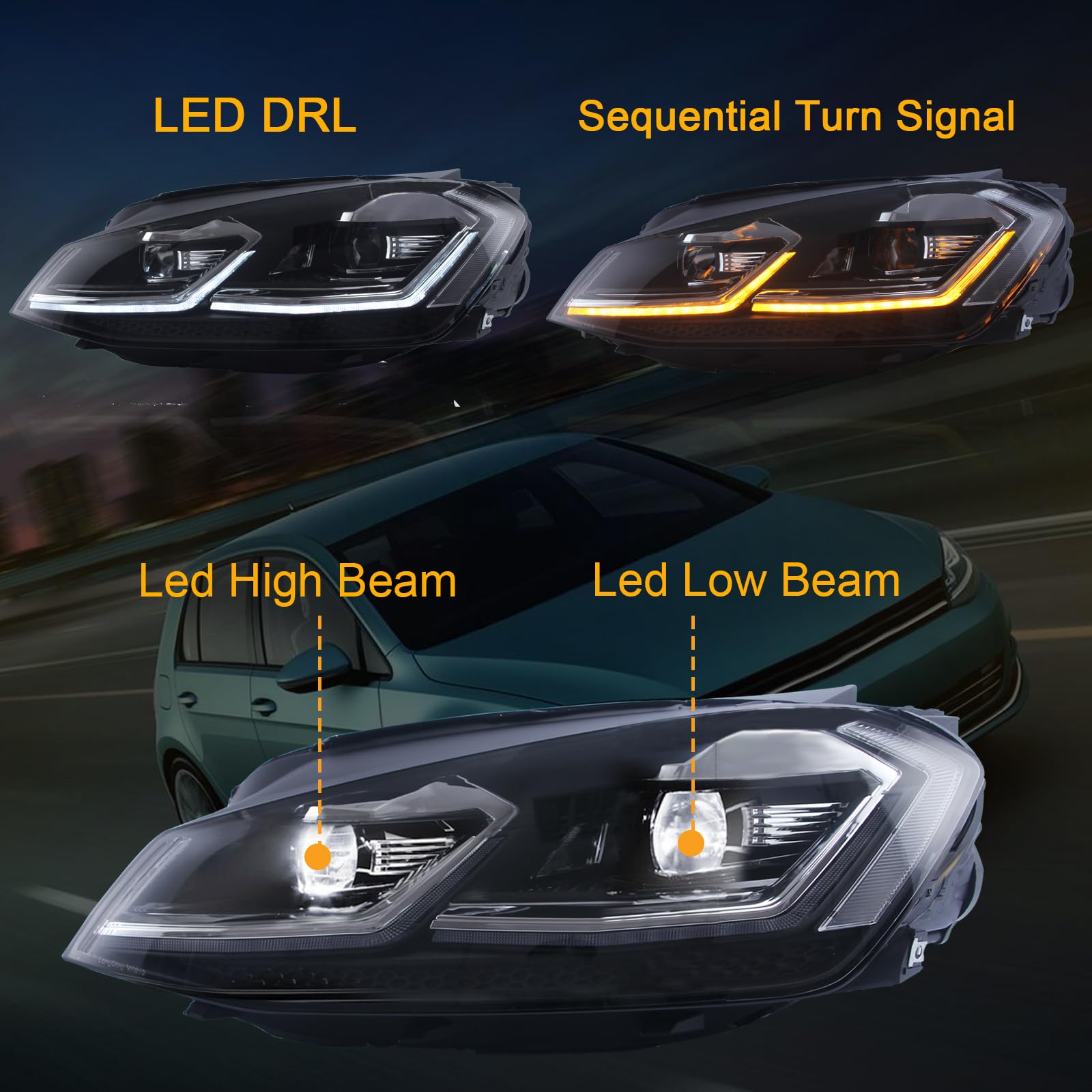 JDMSPEED LED Headlights with Dynamic Turn Signal - Compatible with VW Volkswagen Golf 7 (2013-2018) | High Brightness Replacement Headlamps for Night Driving & Enhanced Visibility