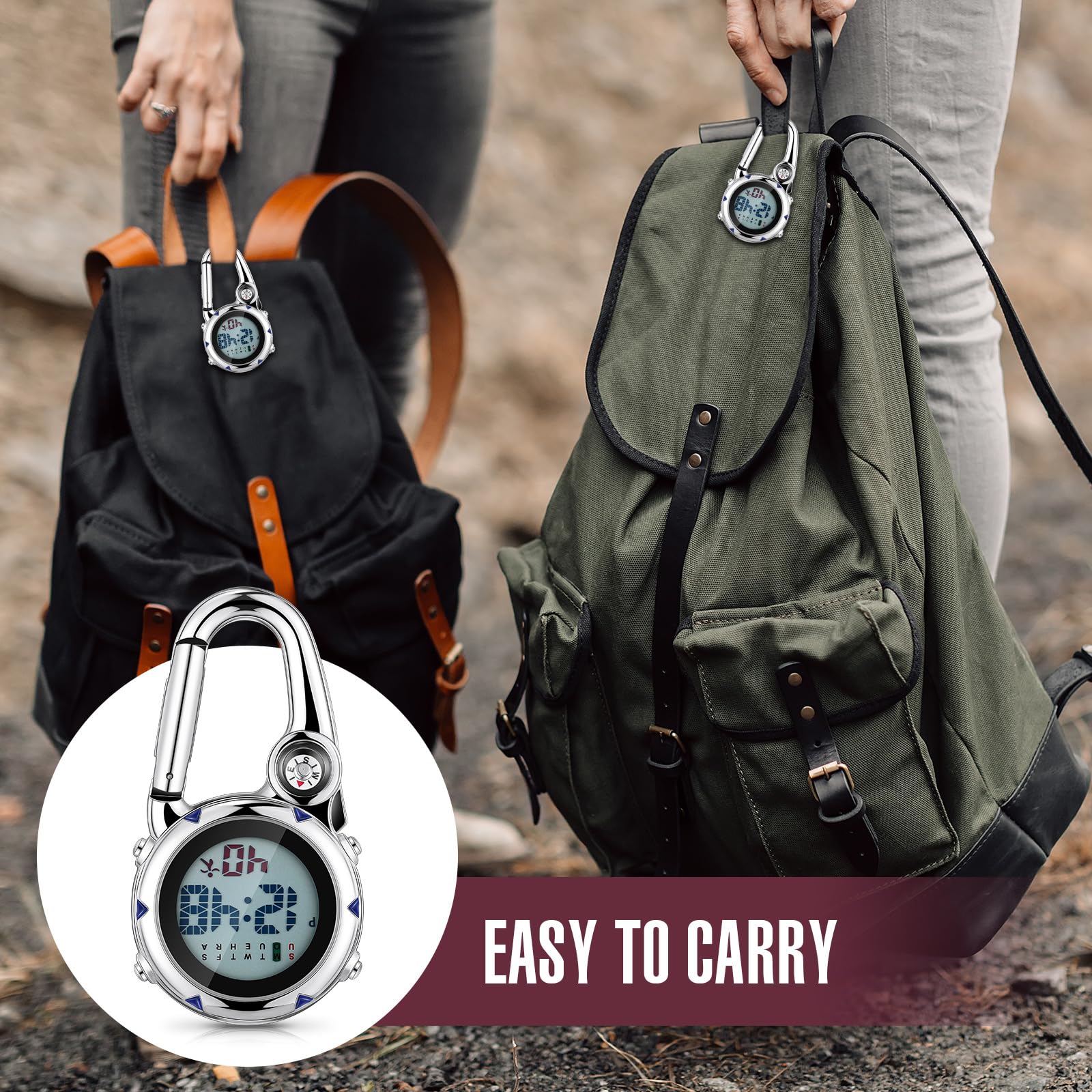 Misdary 2 Pack Digital Clip On Watch with Glow in Dark, Alarm, Date & Week Display - Carabiner Pocket Watch for Men, Women, Nurses - Perfect for Outdoor Sports, Hiking, Climbing & Backpacking Accessories
