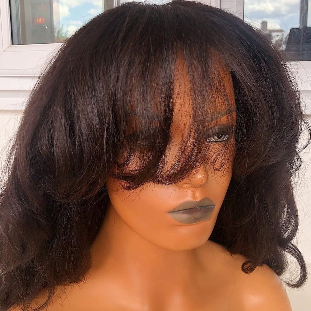 Brazilian Human Hair Wigs for Black Women - 22 Inch Kinky Yaki Wavy Bang Wig with 180% Density & O Scalp Top | Perfect for Protective Styling, Everyday Wear & Special Occasions