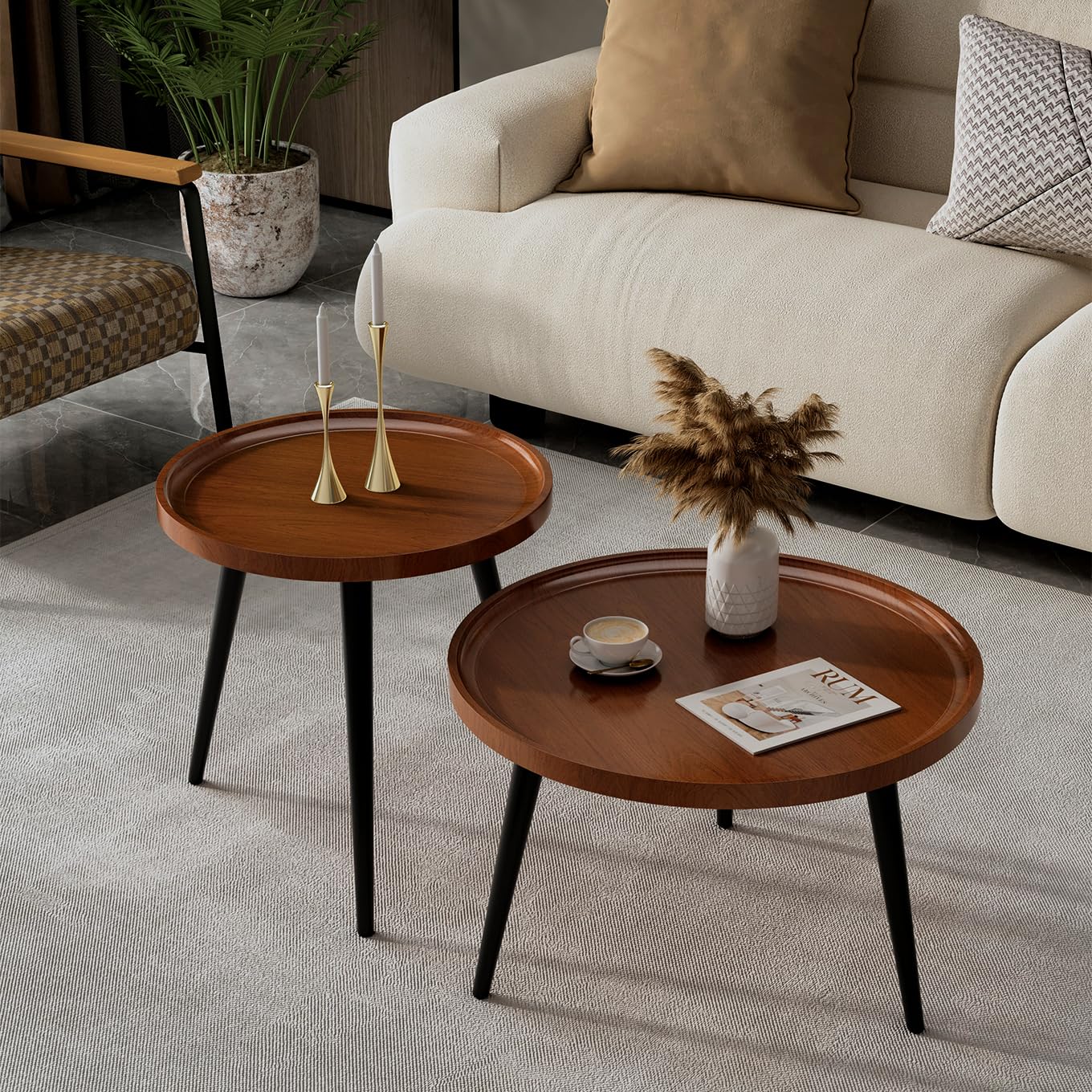 2-Piece Mid Century Modern Round Walnut Coffee Table Set - Easy Assembly Nesting Living Room Tables - Small Circle Side Tables for Sofa, Bedside, Office & Balcony - Perfect for Small Spaces & Home Decor